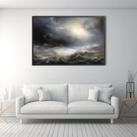 Dramatic stormy seascape with luminous sky break, dark storm clouds and churning waves, style