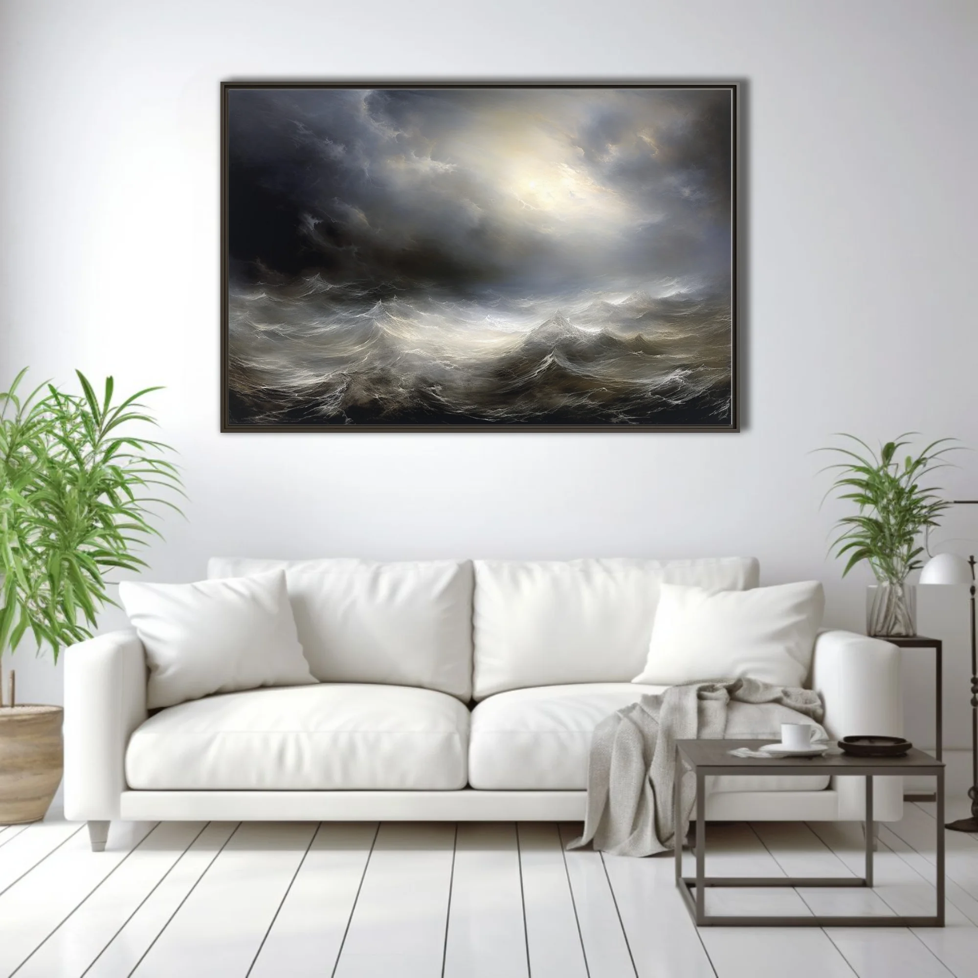 Dramatic stormy seascape with luminous sky break, dark storm clouds and churning waves, style