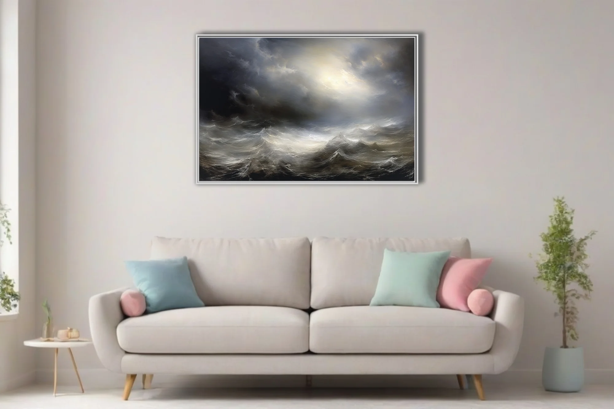 Dramatic stormy seascape with luminous sky break, dark storm clouds and churning waves, style