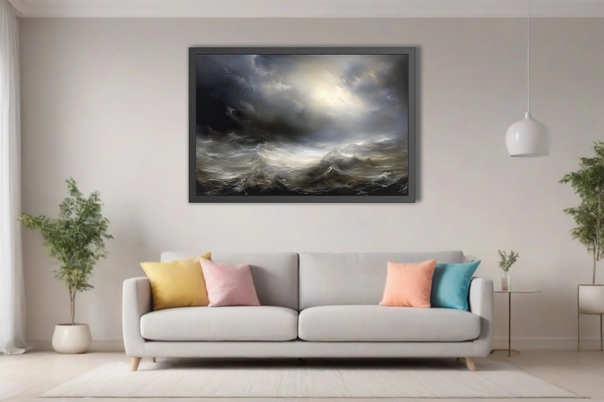 Dramatic stormy seascape with luminous sky break, dark storm clouds and churning waves, style