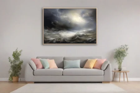 Dramatic stormy seascape with luminous sky break, dark storm clouds and churning waves, style