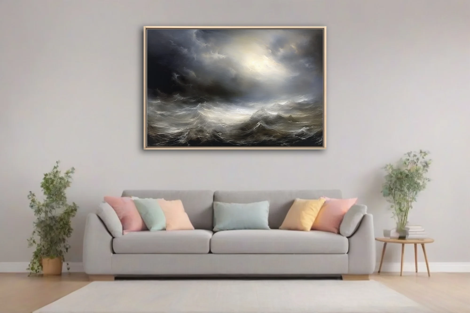 Dramatic stormy seascape with luminous sky break, dark storm clouds and churning waves, style