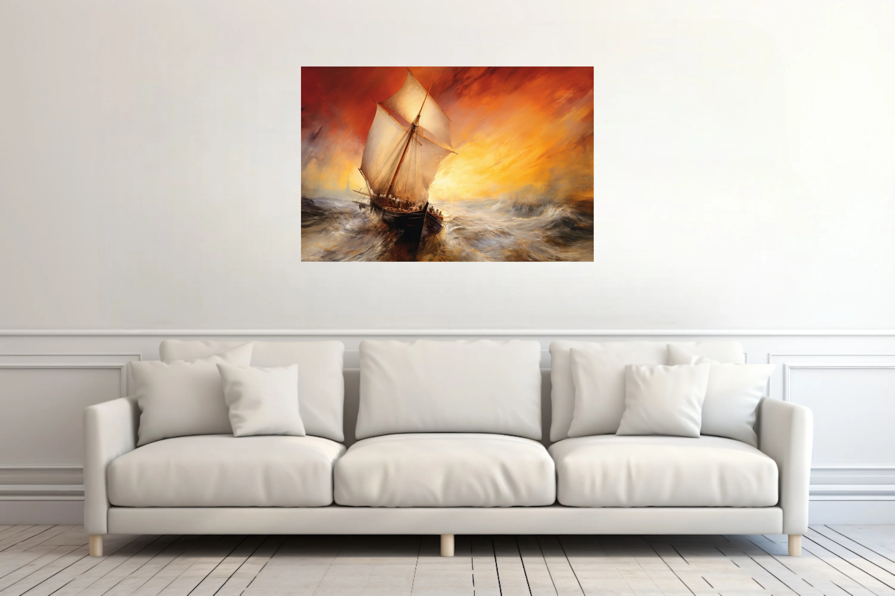 Sailing ship on stormy seas beneath fiery crimson and gold sunset, dramatic seascape