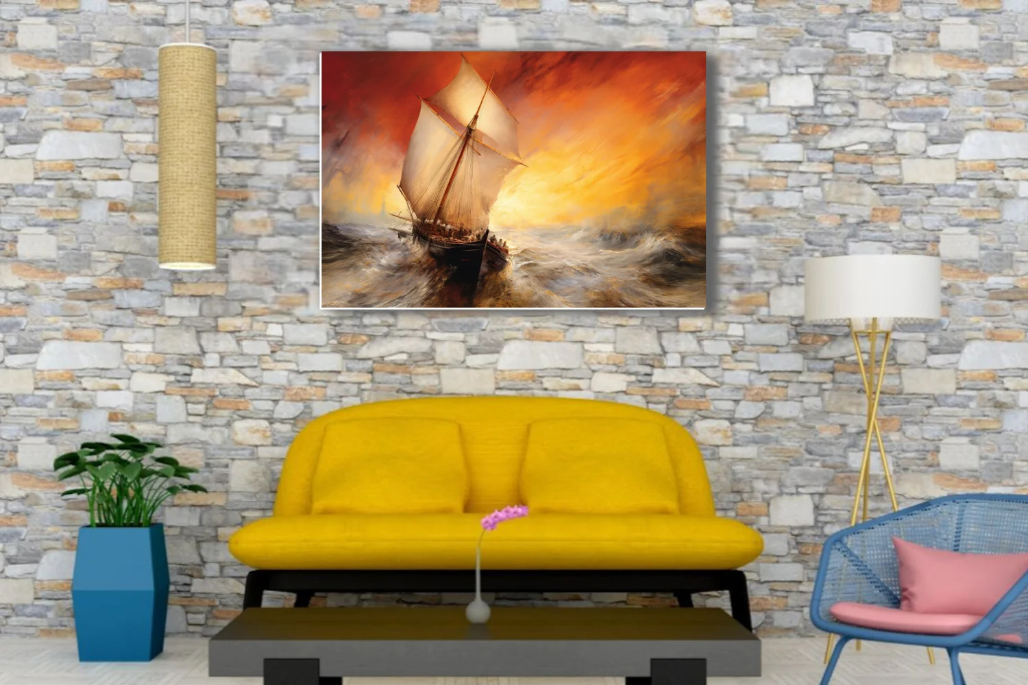 Sailing ship on stormy seas beneath fiery crimson and gold sunset, dramatic seascape