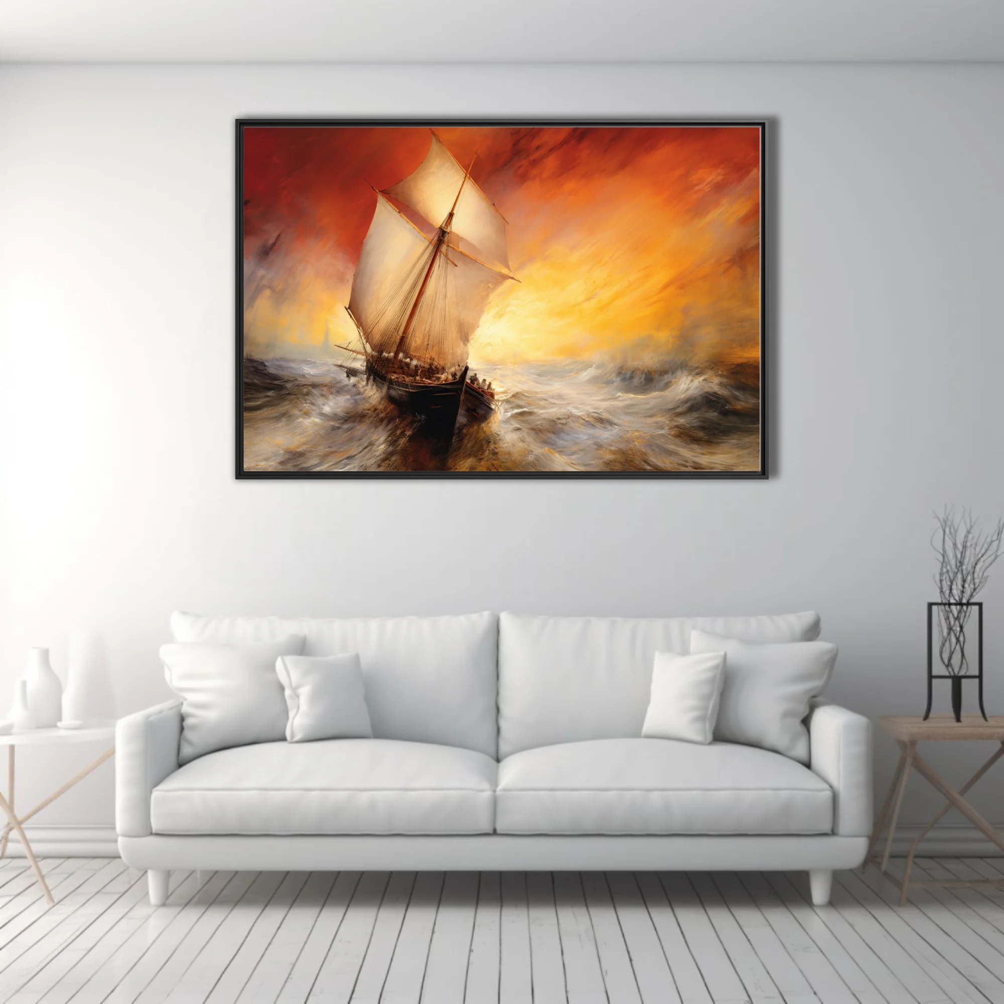 Sailing ship on stormy seas beneath fiery crimson and gold sunset, dramatic seascape