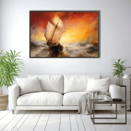Sailing ship on stormy seas beneath fiery crimson and gold sunset, dramatic seascape
