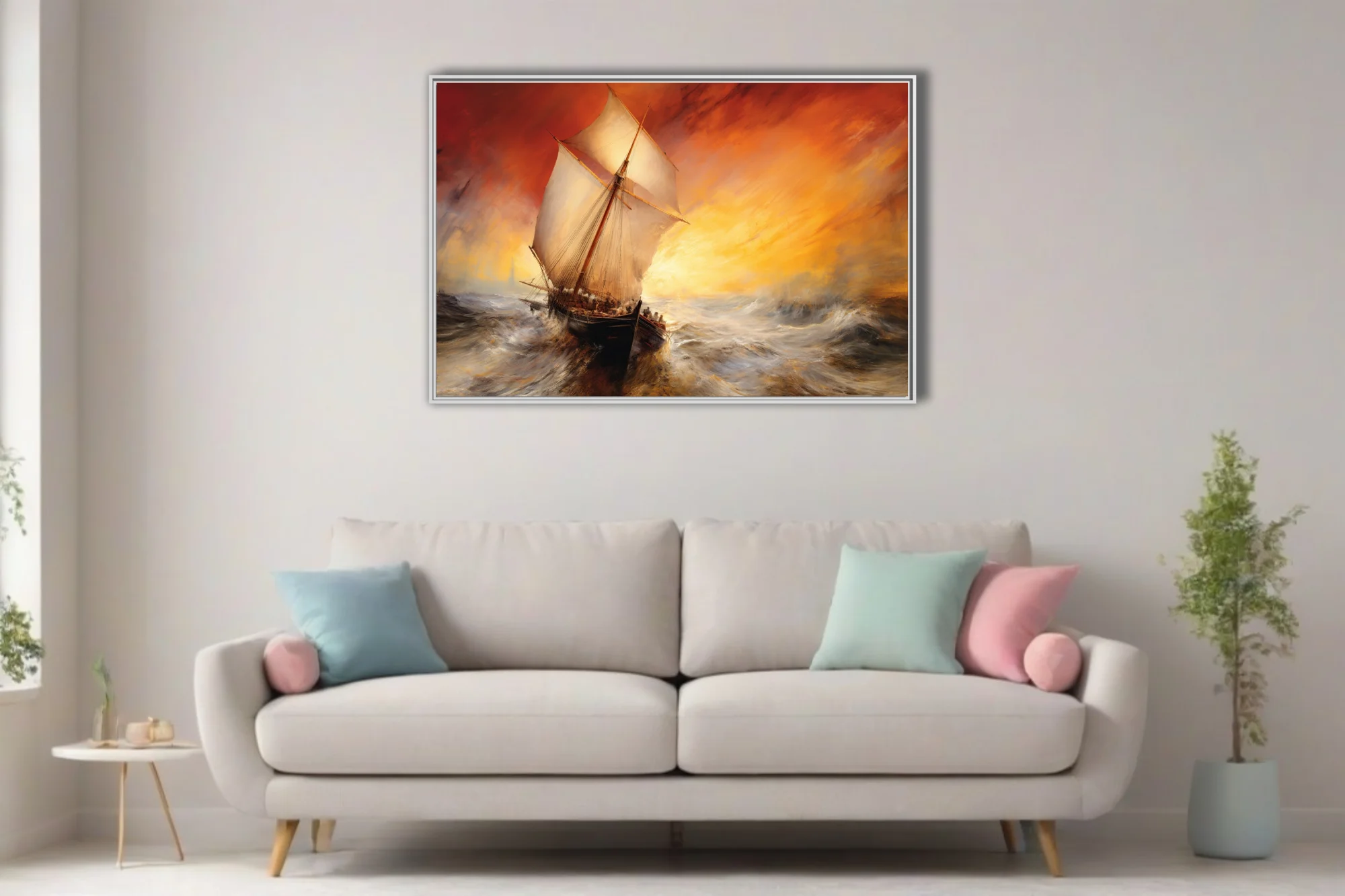 Sailing ship on stormy seas beneath fiery crimson and gold sunset, dramatic seascape