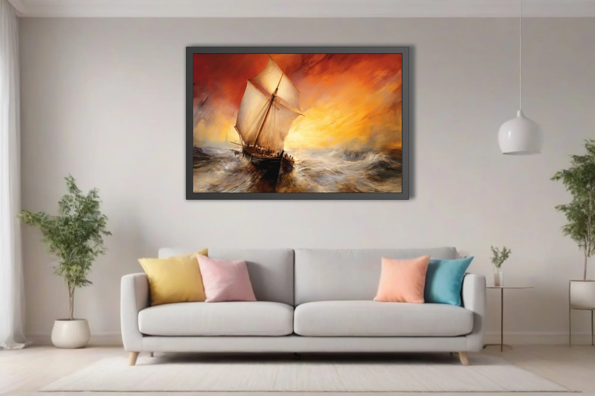 Sailing ship on stormy seas beneath fiery crimson and gold sunset, dramatic seascape