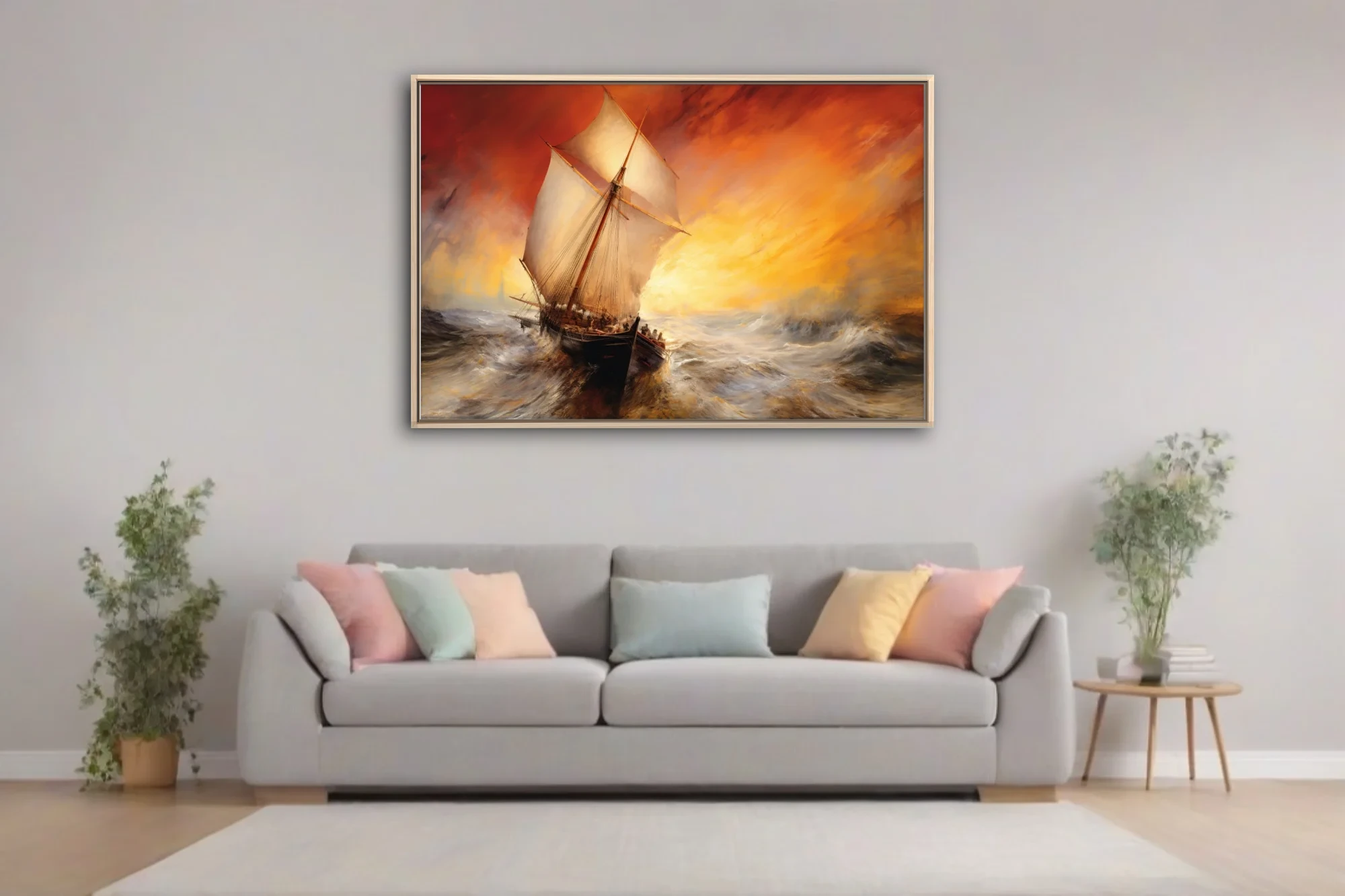 Sailing ship on stormy seas beneath fiery crimson and gold sunset, dramatic seascape