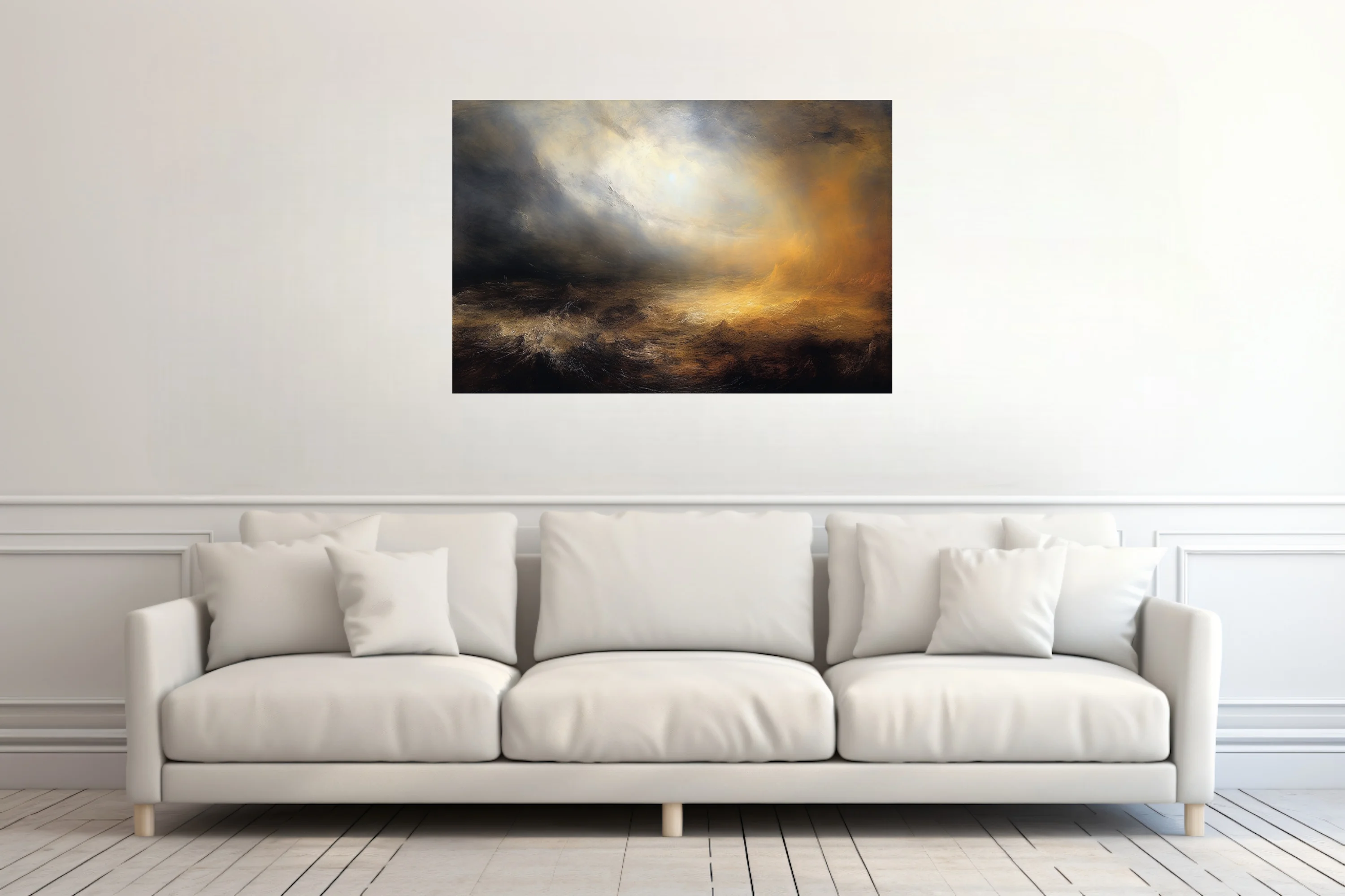 Romantic stormy seascape style, golden light breaking through dark storm clouds