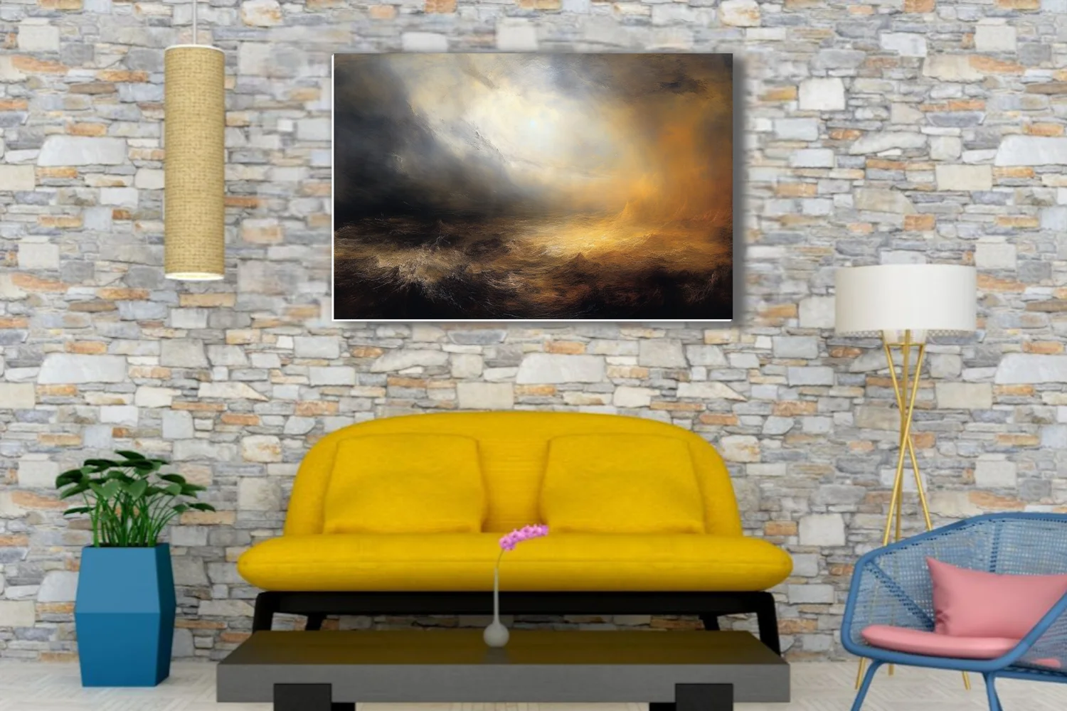Romantic stormy seascape style, golden light breaking through dark storm clouds