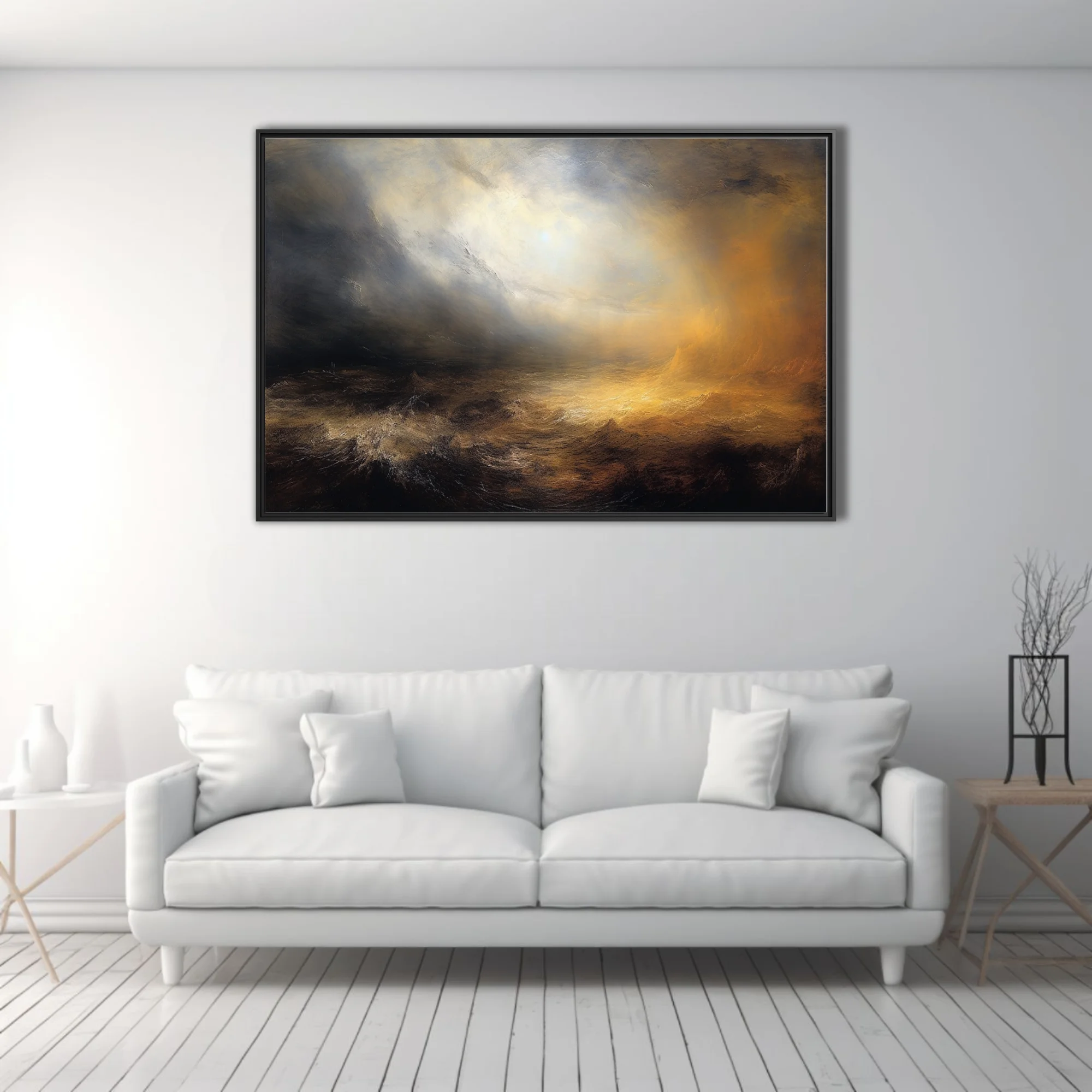 Romantic stormy seascape style, golden light breaking through dark storm clouds