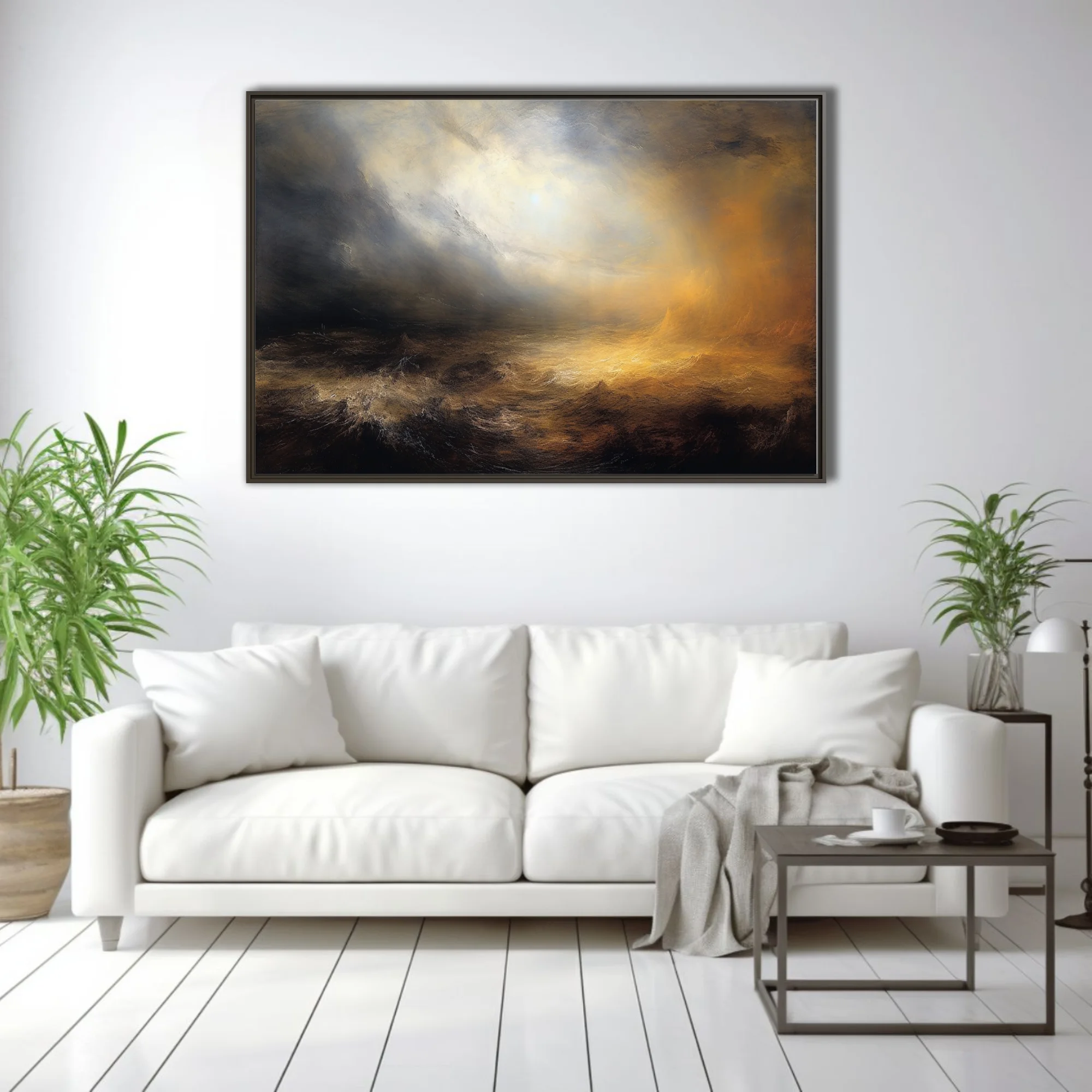Romantic stormy seascape style, golden light breaking through dark storm clouds