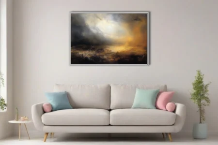 Romantic stormy seascape style, golden light breaking through dark storm clouds