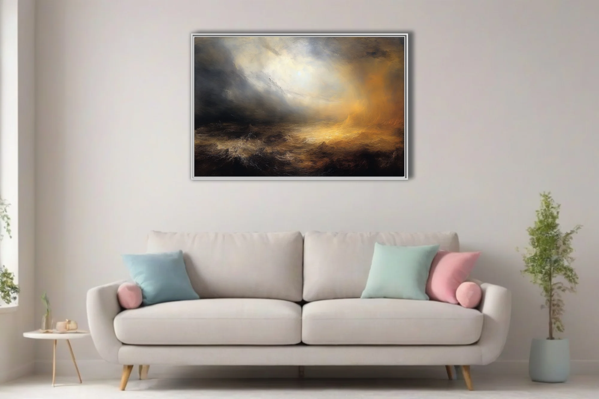 Romantic stormy seascape style, golden light breaking through dark storm clouds
