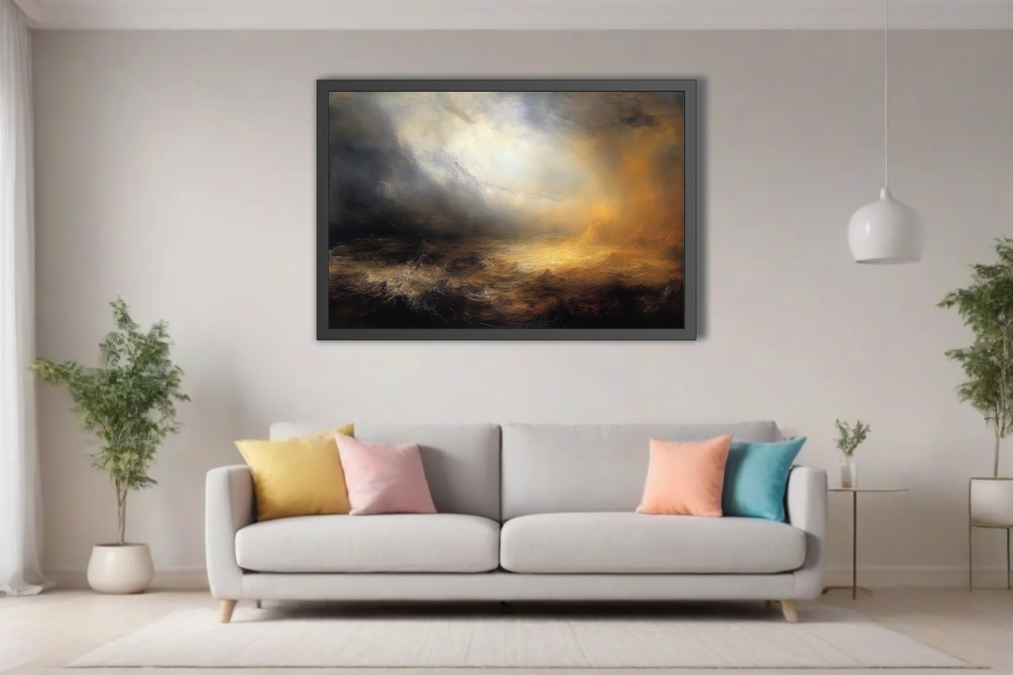 Romantic stormy seascape style, golden light breaking through dark storm clouds