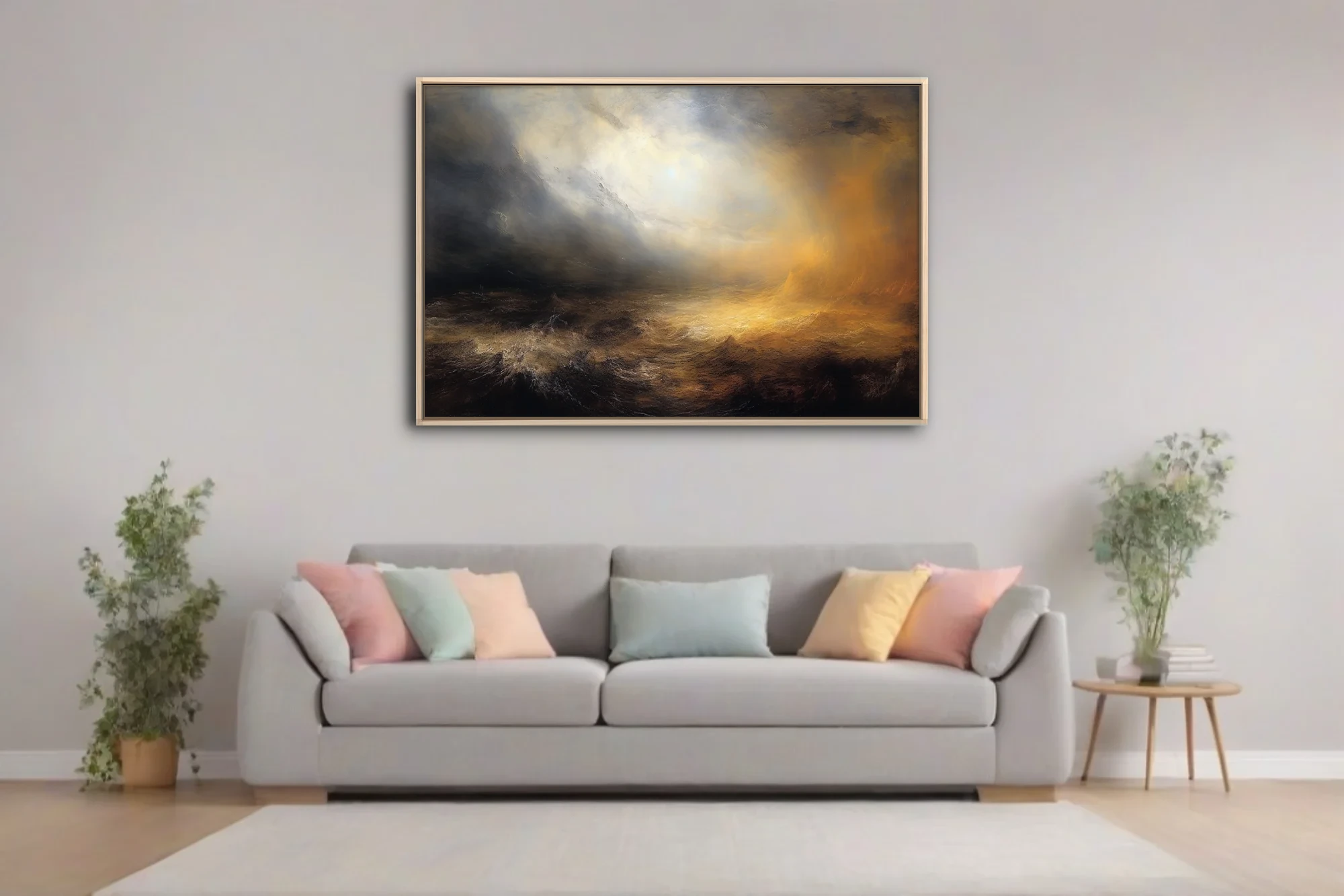 Romantic stormy seascape style, golden light breaking through dark storm clouds