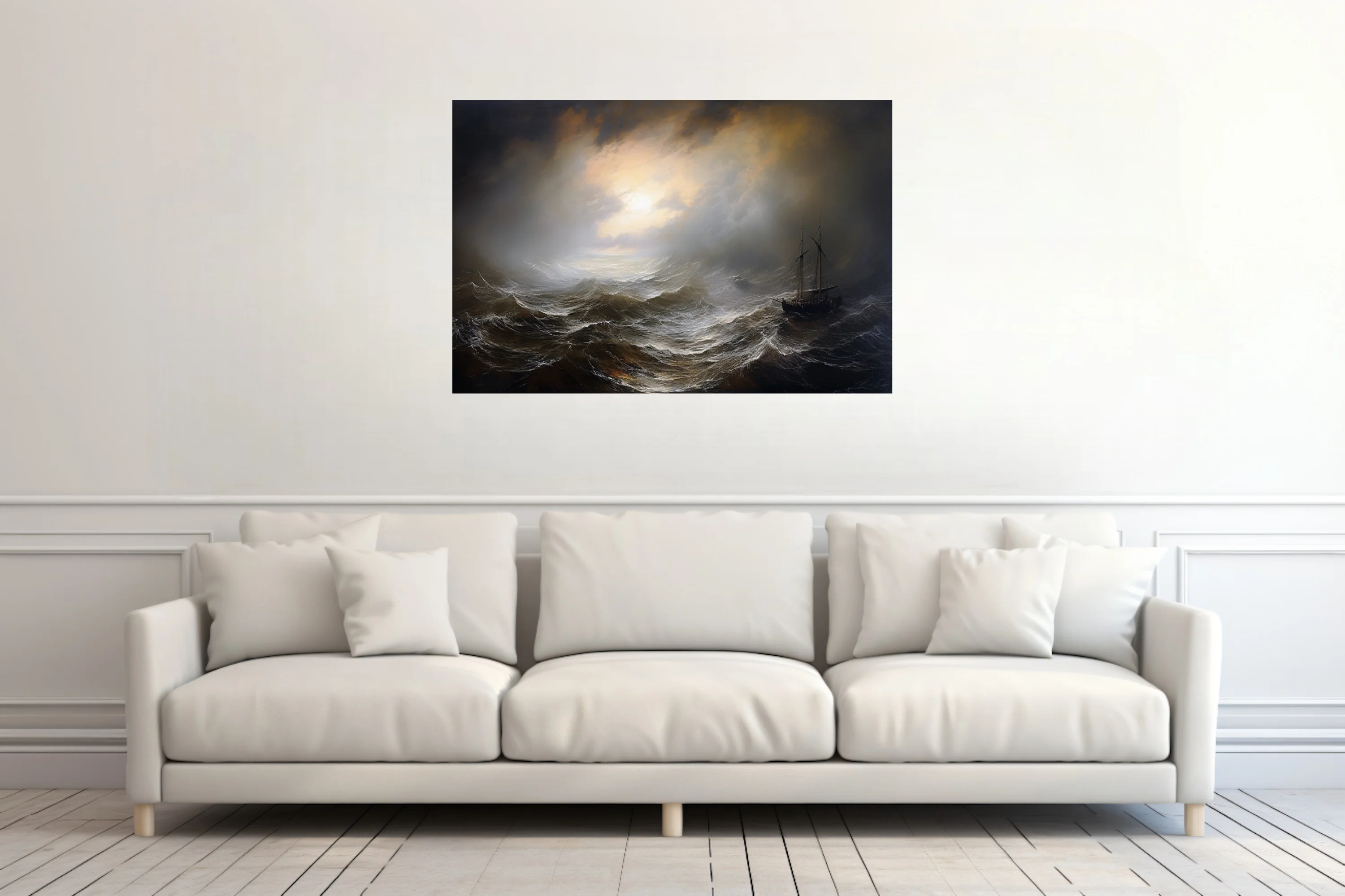 Dark stormy seascape with tall ship and dramatic storm light breaking through clouds