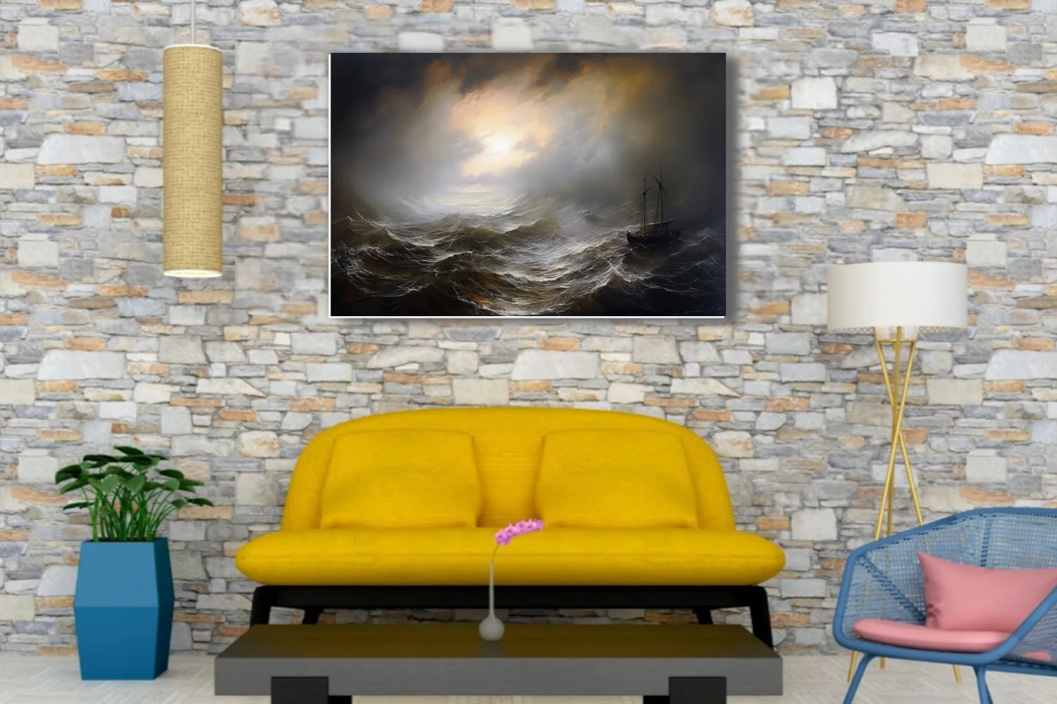 Dark stormy seascape with tall ship and dramatic storm light breaking through clouds
