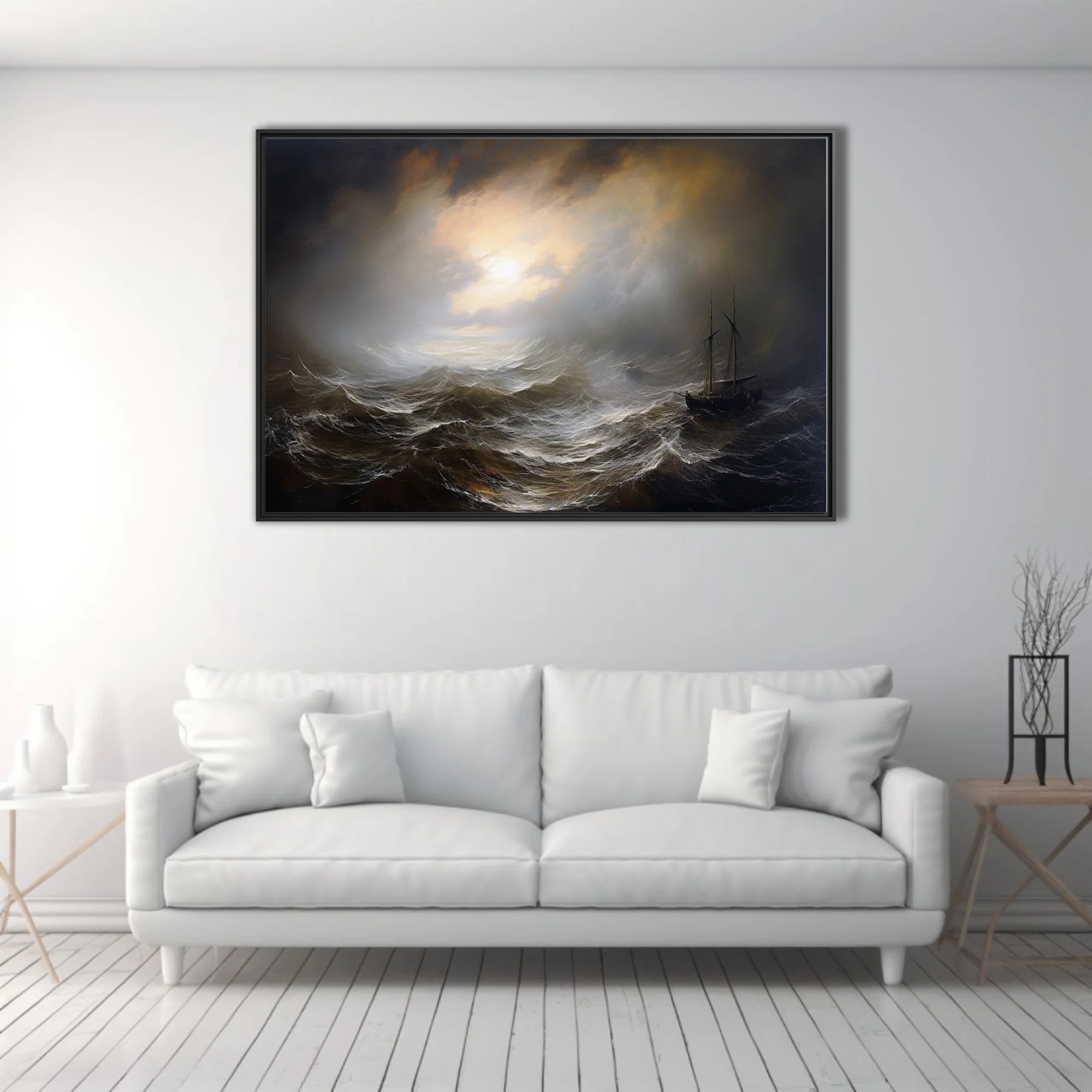Dark stormy seascape with tall ship and dramatic storm light breaking through clouds
