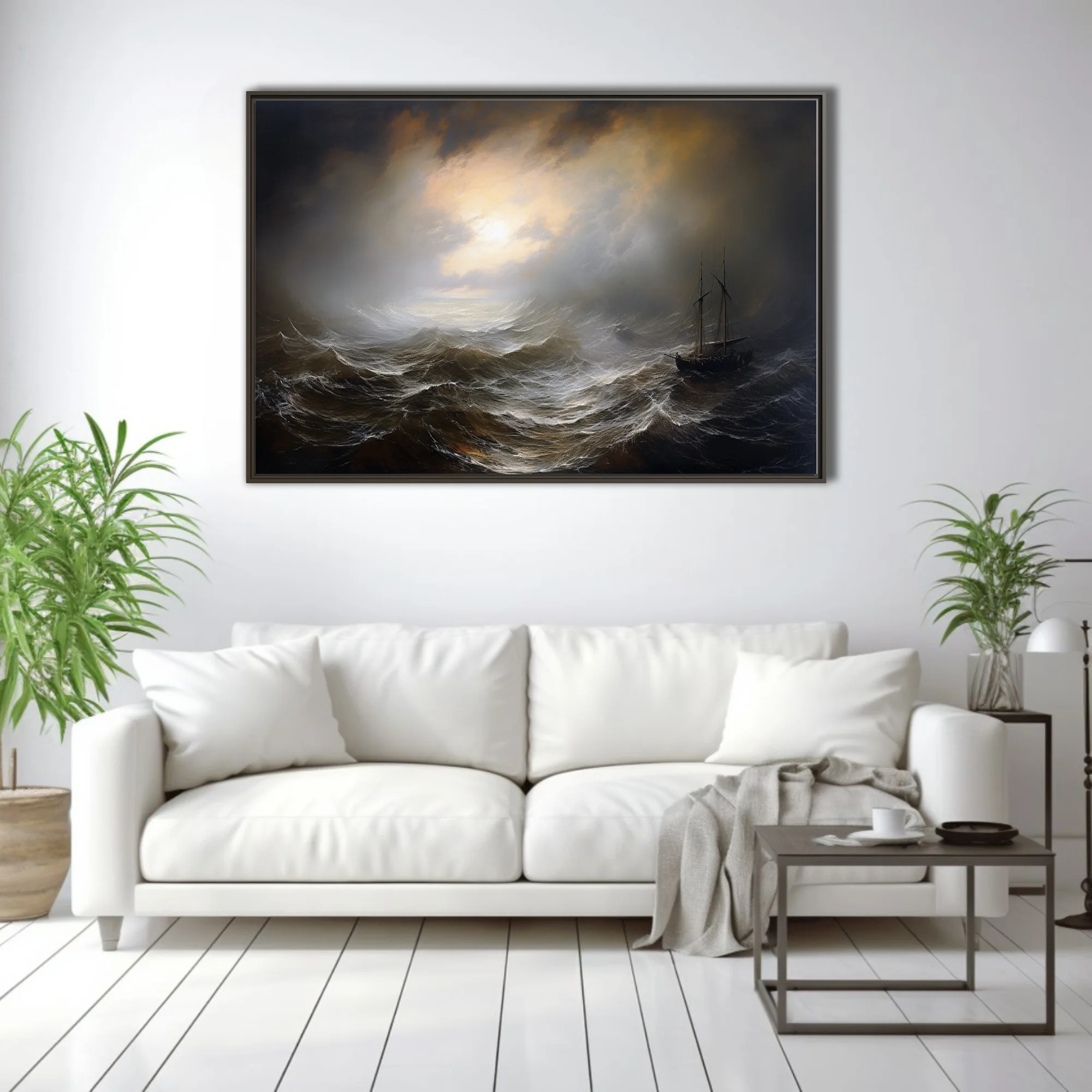 Dark stormy seascape with tall ship and dramatic storm light breaking through clouds