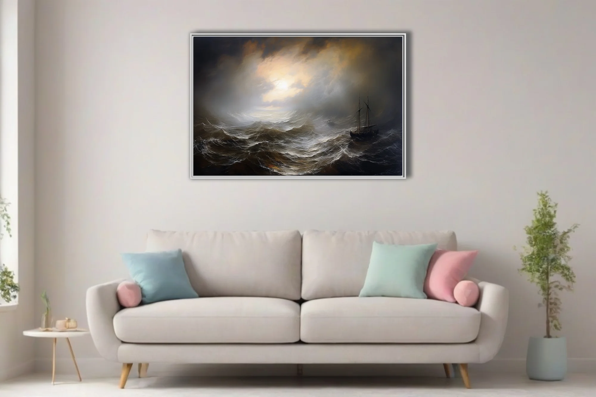 Dark stormy seascape with tall ship and dramatic storm light breaking through clouds