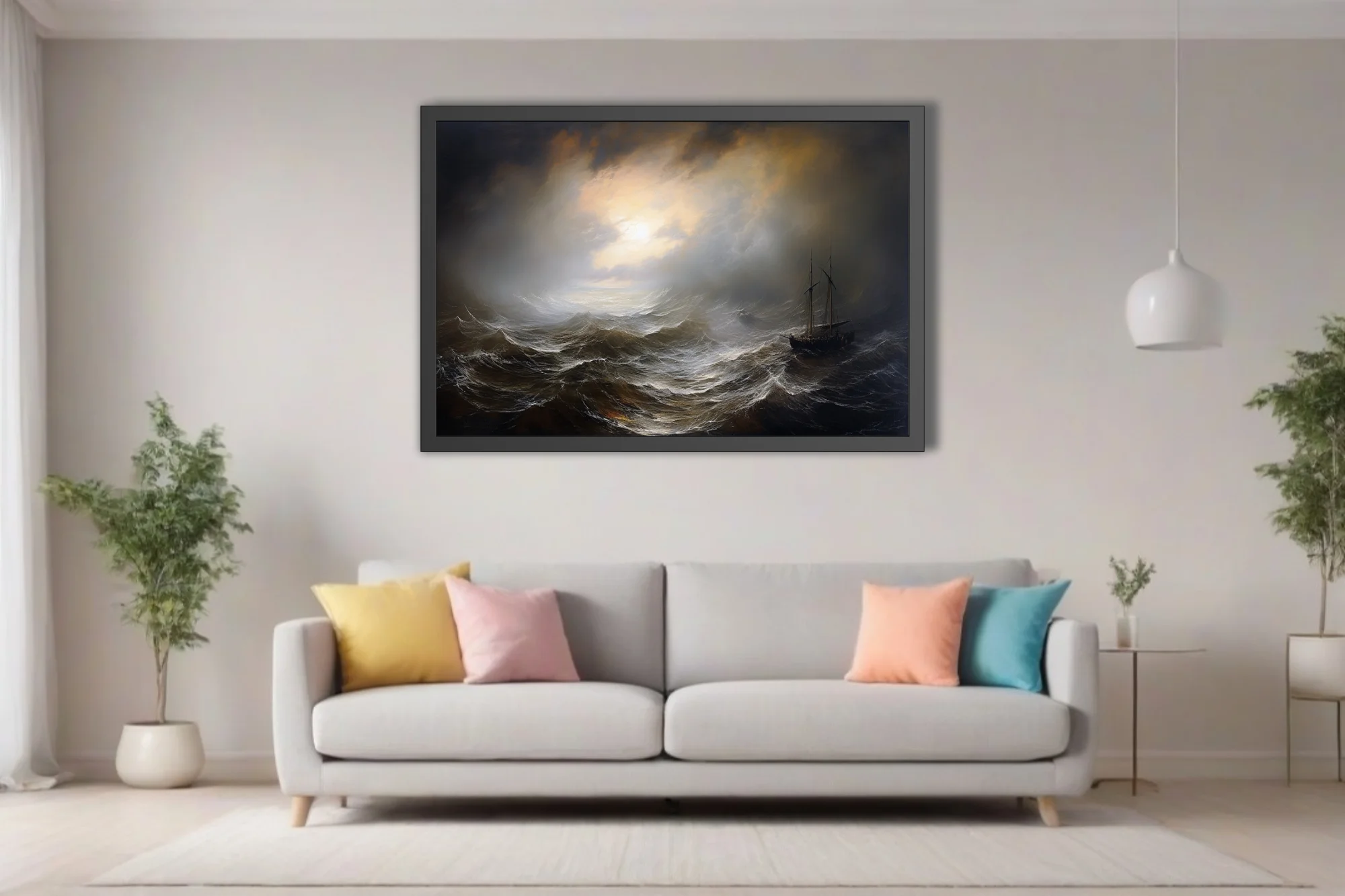 Dark stormy seascape with tall ship and dramatic storm light breaking through clouds