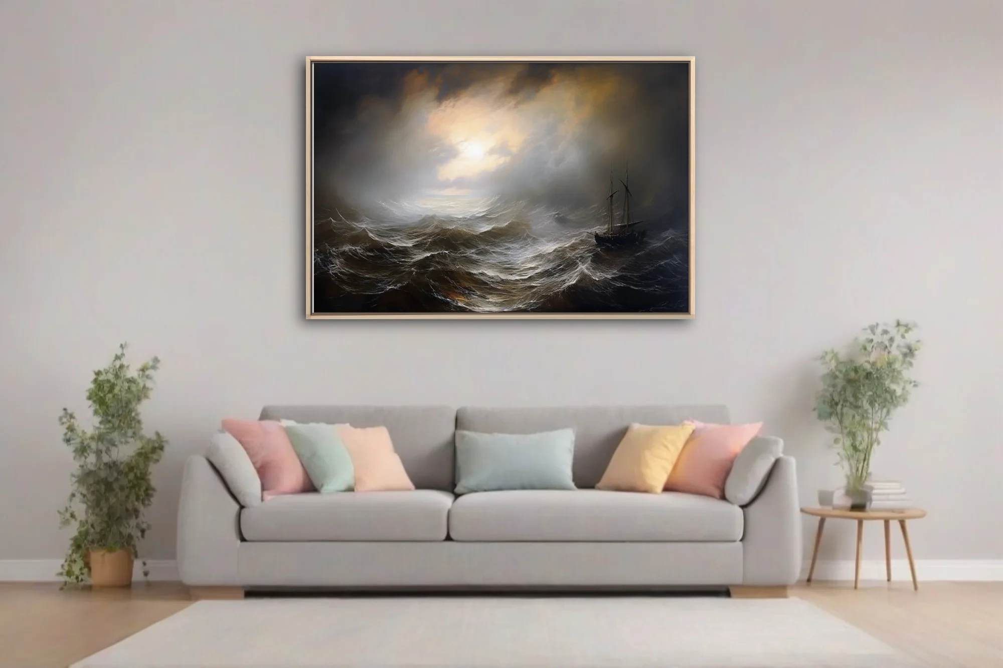Dark stormy seascape with tall ship and dramatic storm light breaking through clouds
