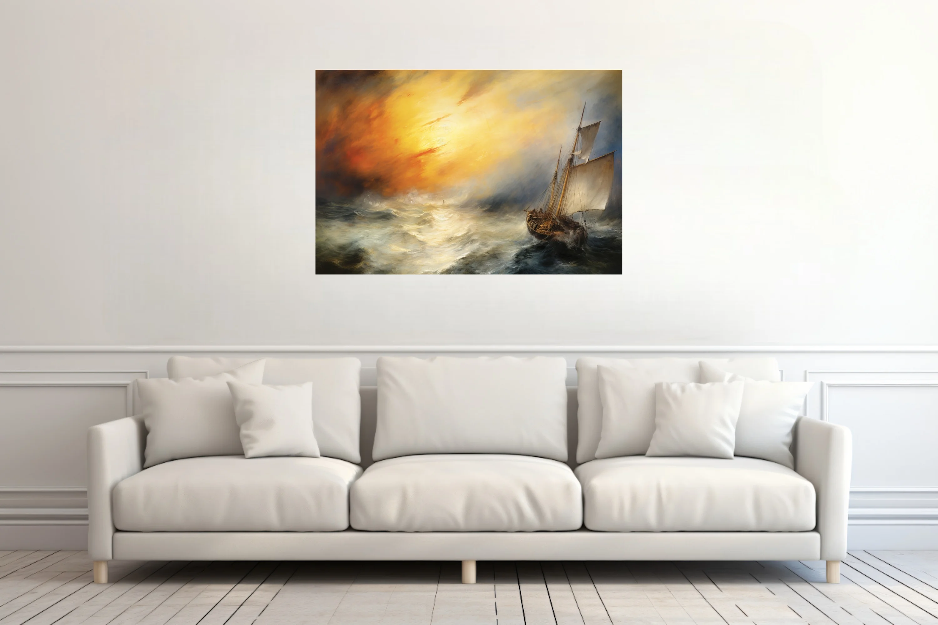Romantic-style sailing ship in stormy seas beneath a blazing golden sky