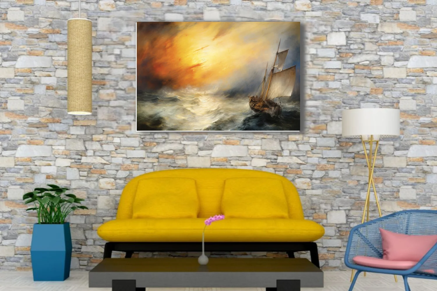 Romantic-style sailing ship in stormy seas beneath a blazing golden sky