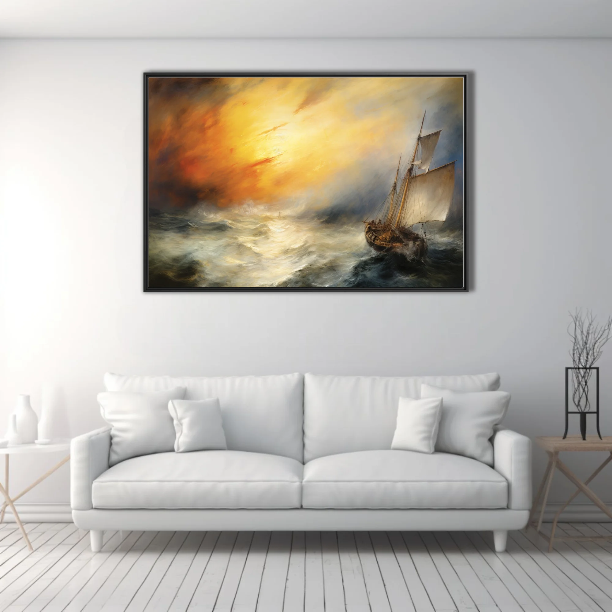 Romantic-style sailing ship in stormy seas beneath a blazing golden sky