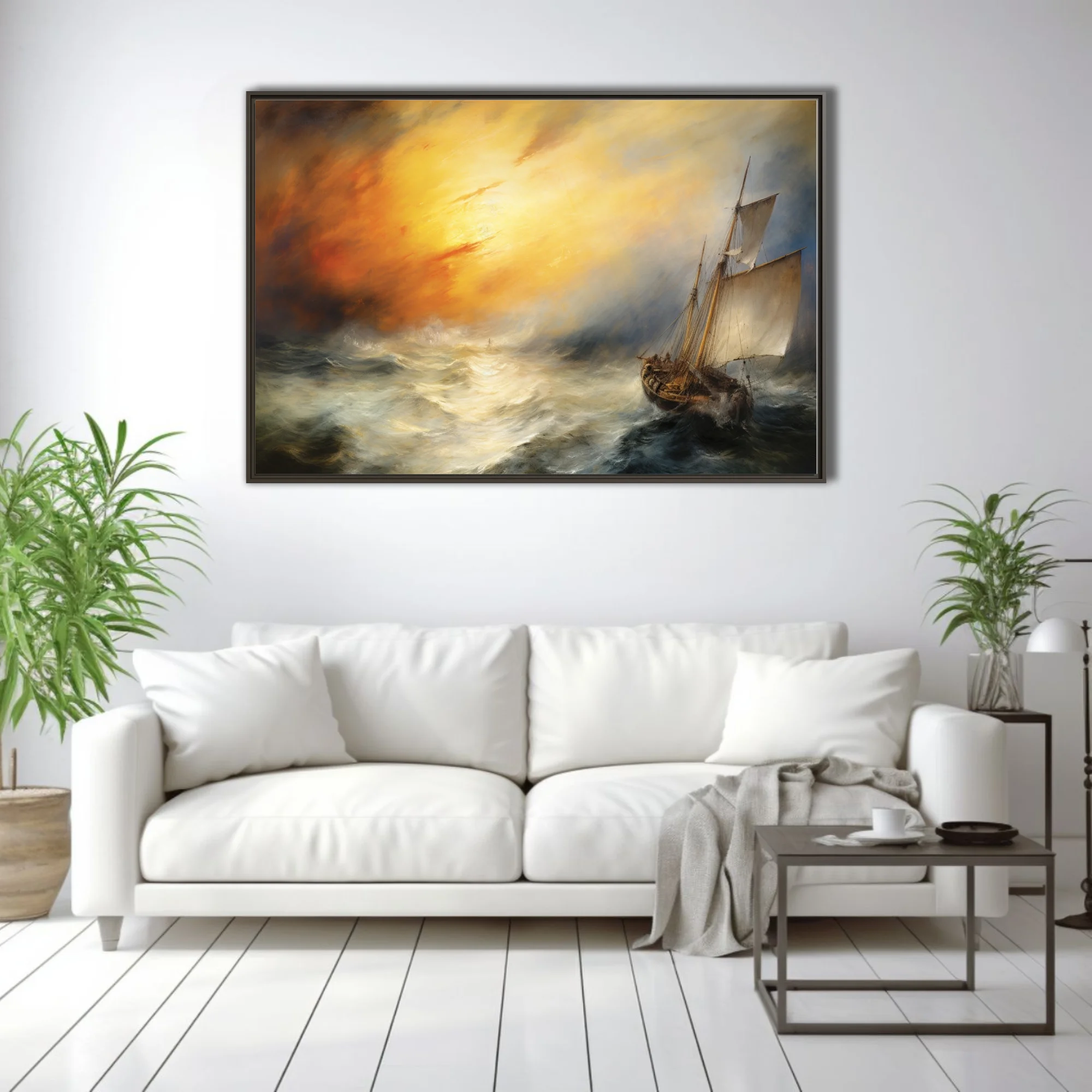 Romantic-style sailing ship in stormy seas beneath a blazing golden sky