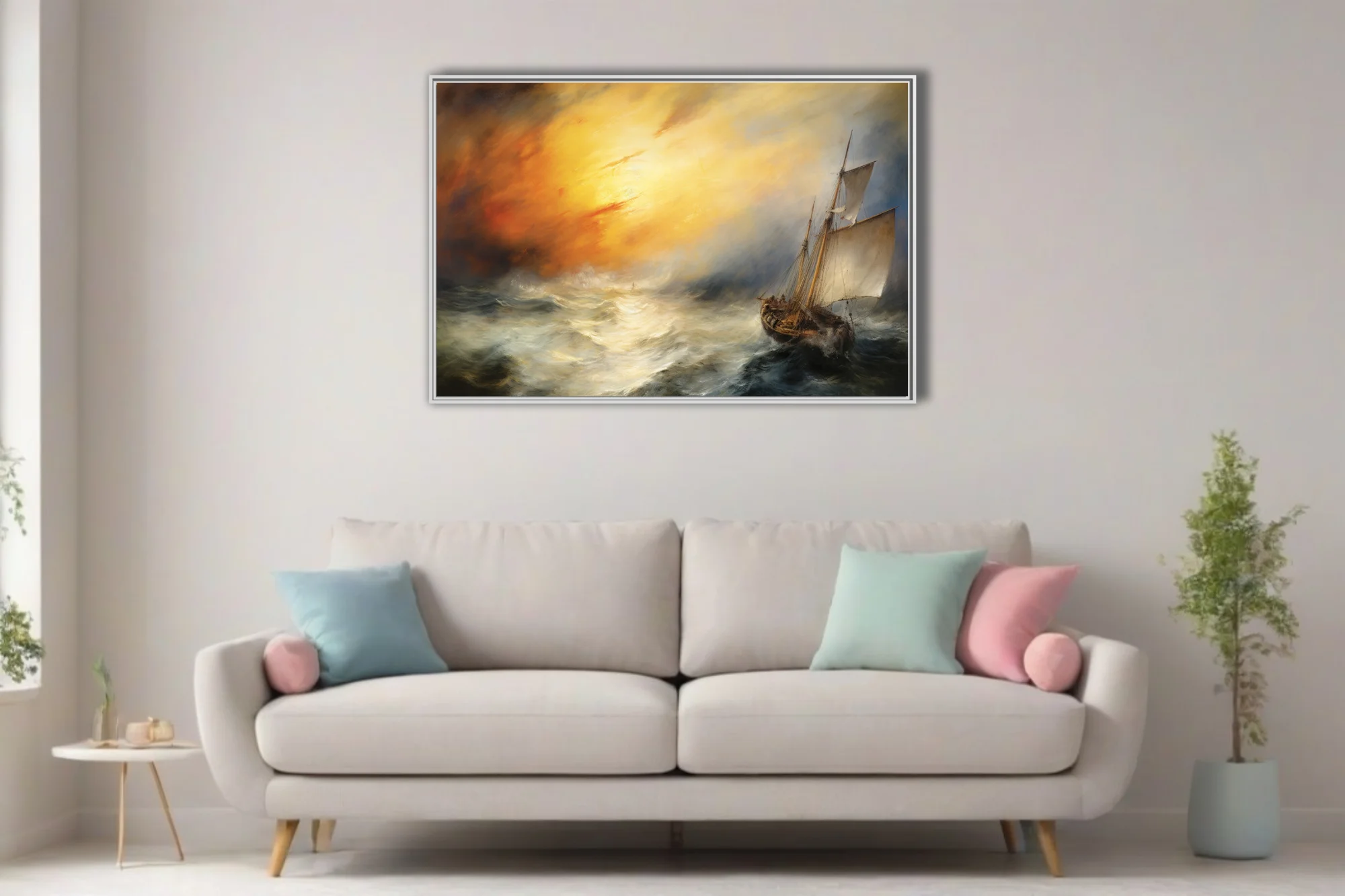 Romantic-style sailing ship in stormy seas beneath a blazing golden sky