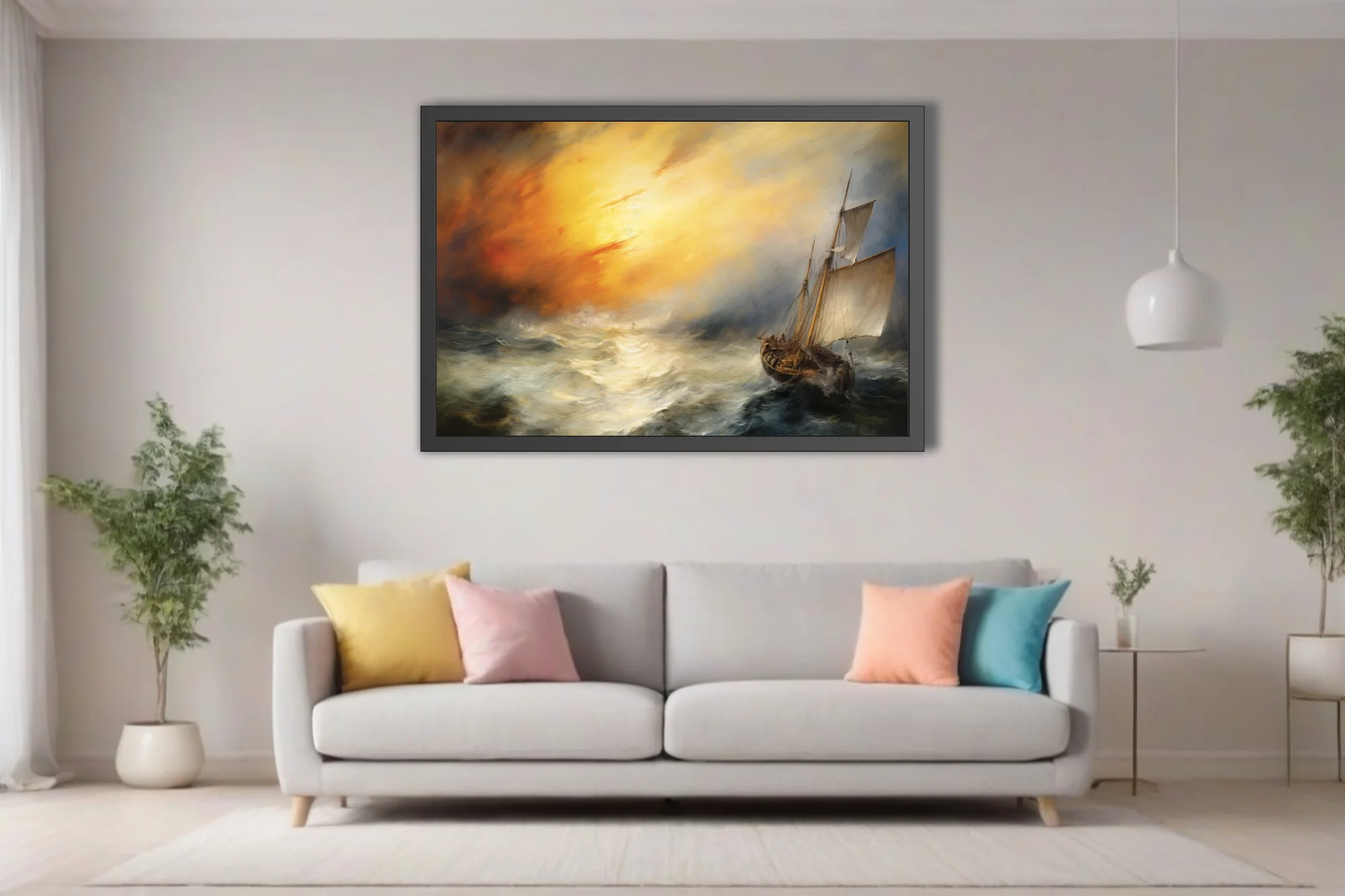 Romantic-style sailing ship in stormy seas beneath a blazing golden sky