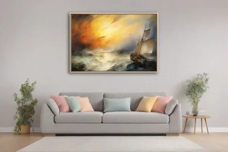 Romantic-style sailing ship in stormy seas beneath a blazing golden sky