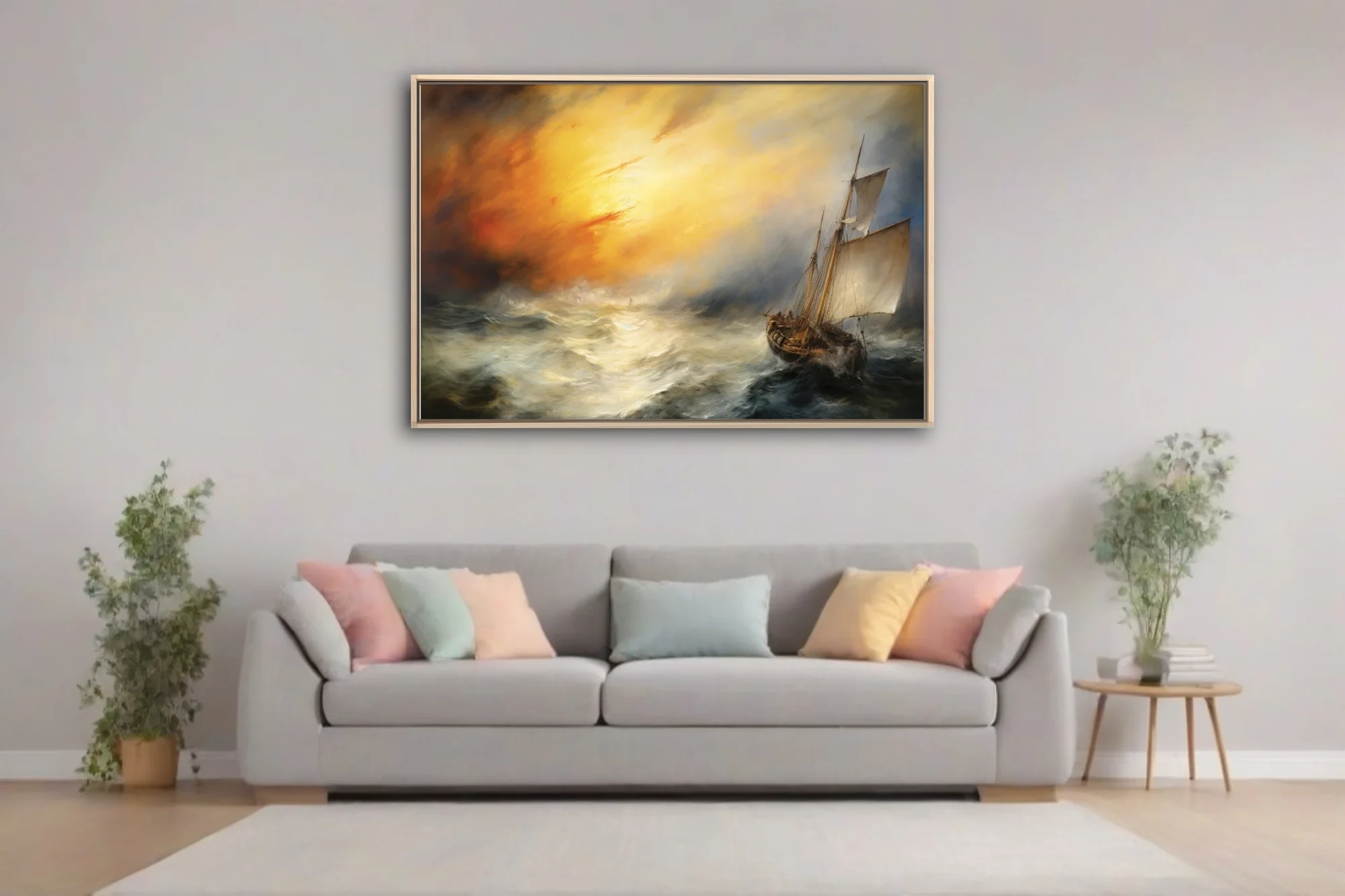 Romantic-style sailing ship in stormy seas beneath a blazing golden sky