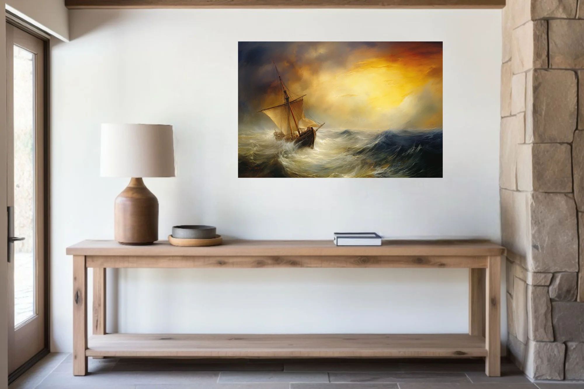 Stormy seascape with tall sailing ship and dramatic golden storm-break sky