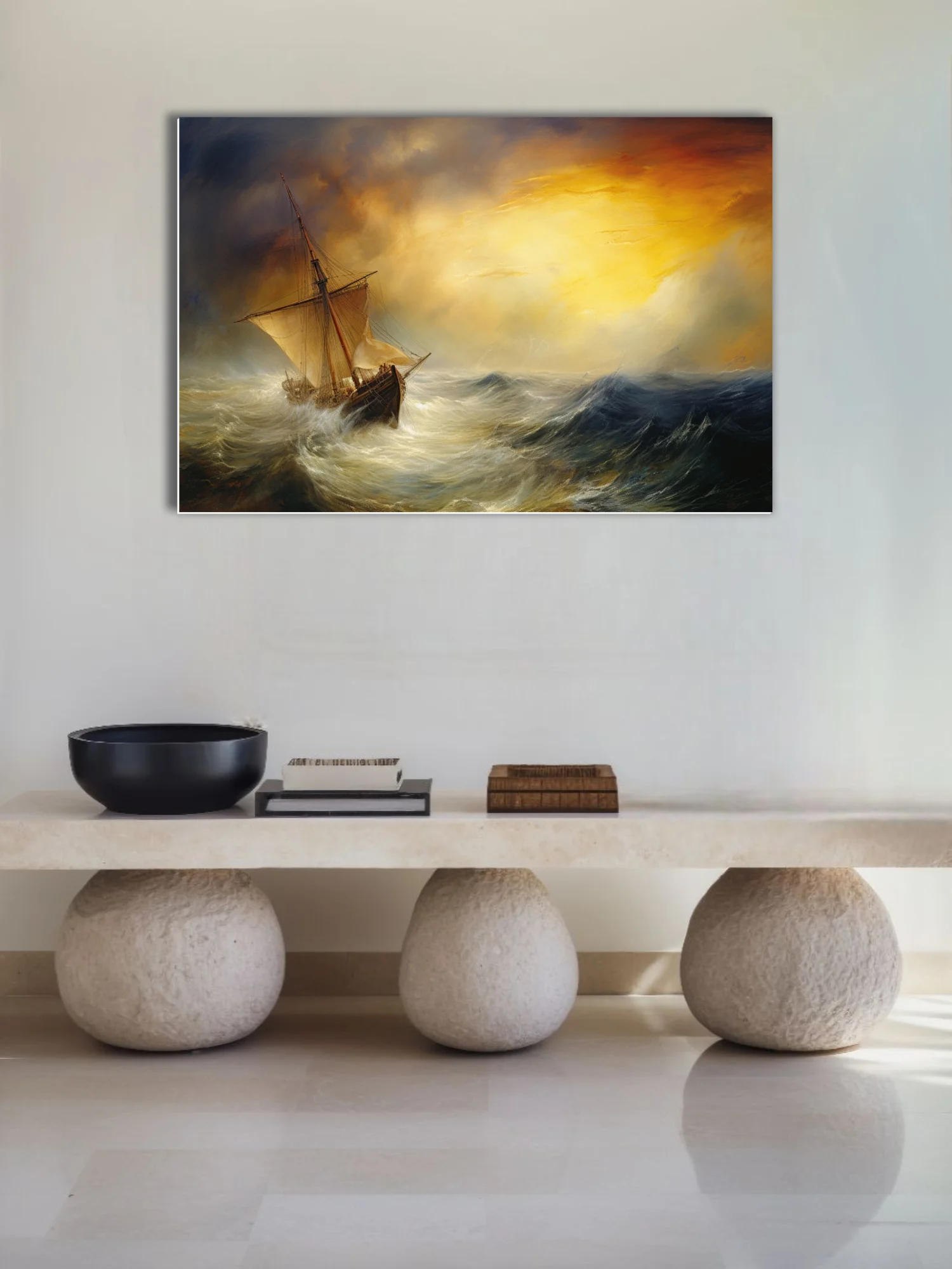 Stormy seascape with tall sailing ship and dramatic golden storm-break sky