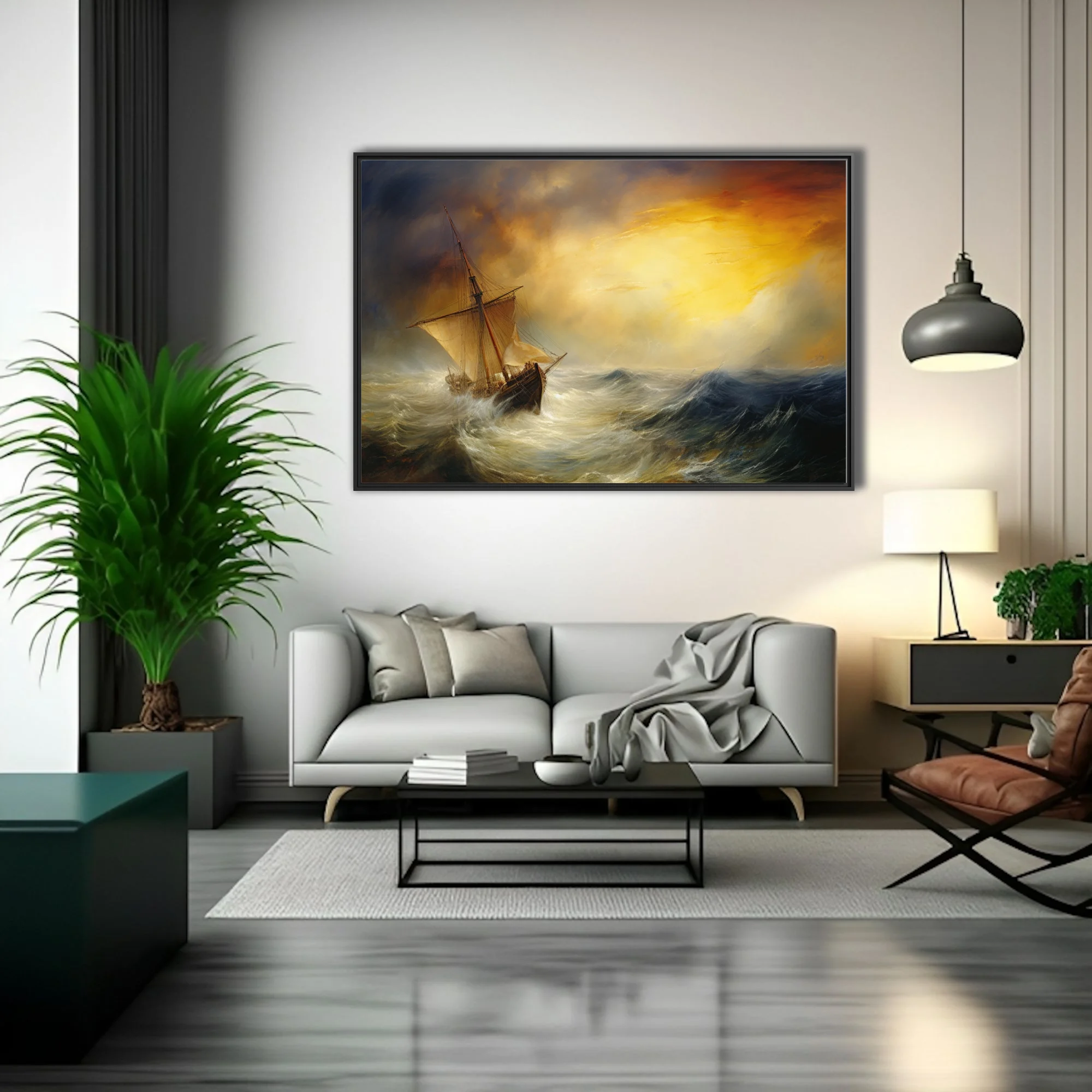 Stormy seascape with tall sailing ship and dramatic golden storm-break sky