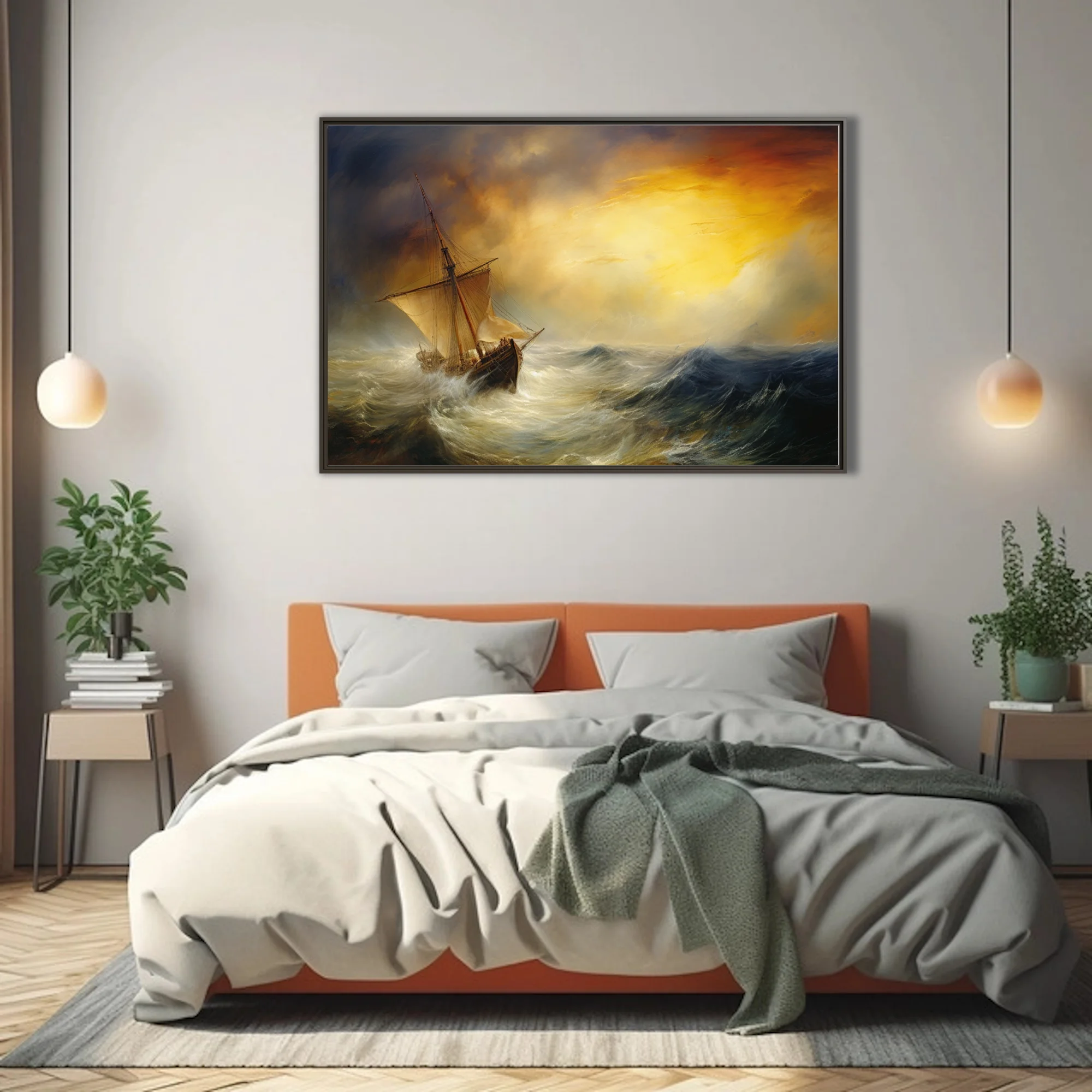 Stormy seascape with tall sailing ship and dramatic golden storm-break sky
