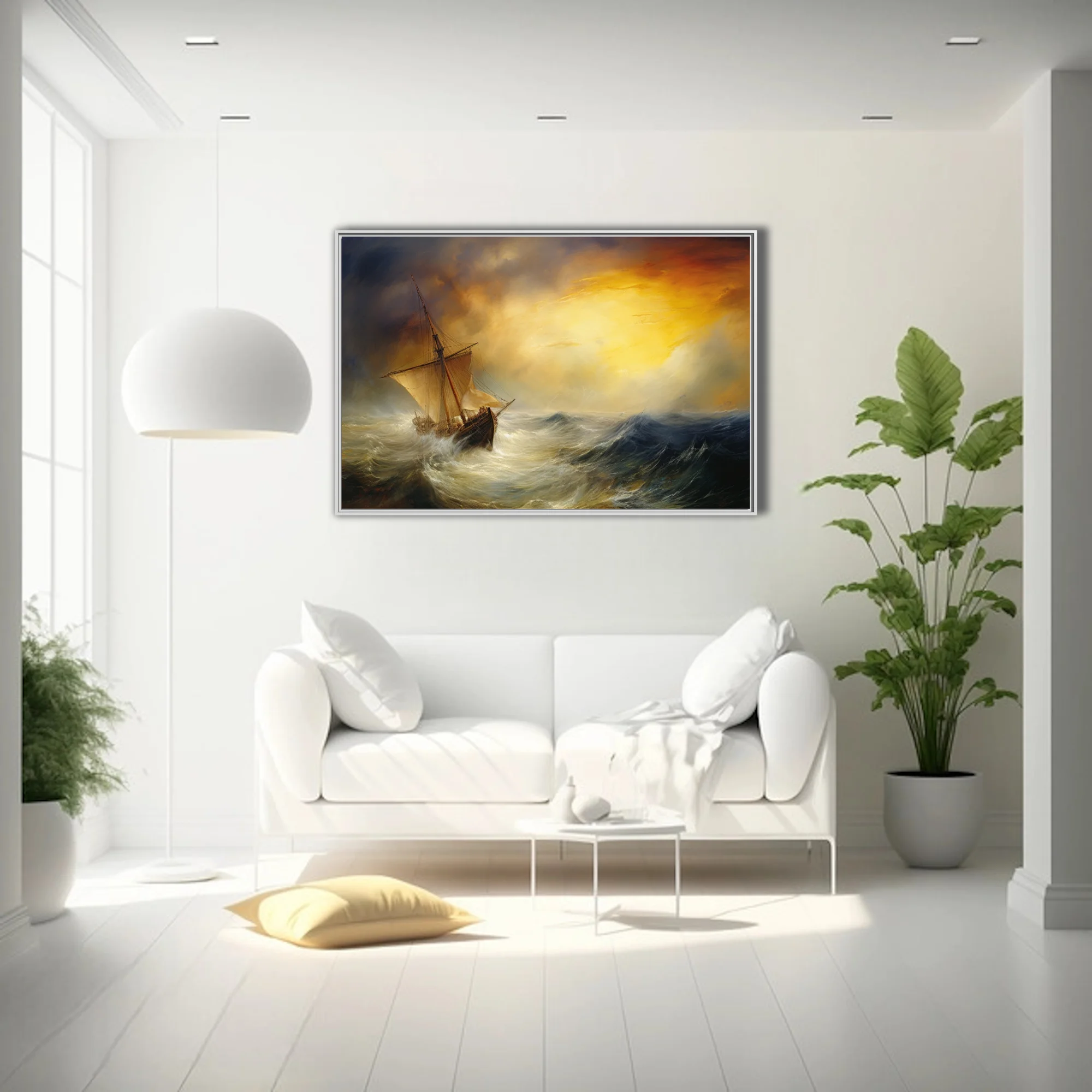 Stormy seascape with tall sailing ship and dramatic golden storm-break sky