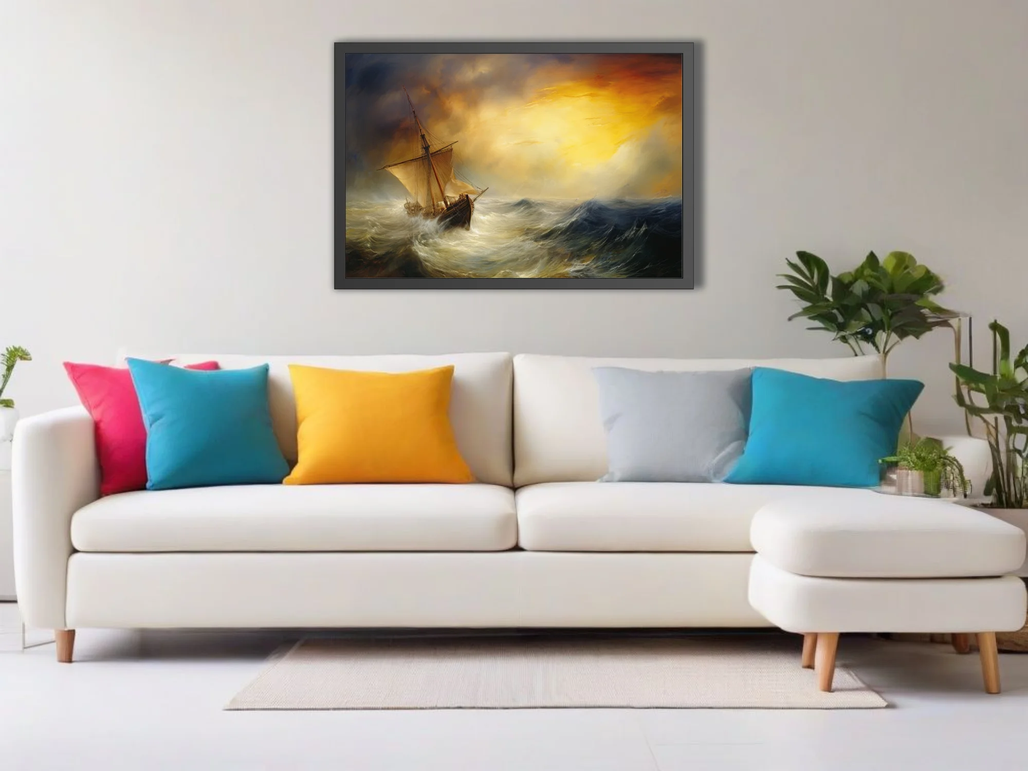 Stormy seascape with tall sailing ship and dramatic golden storm-break sky