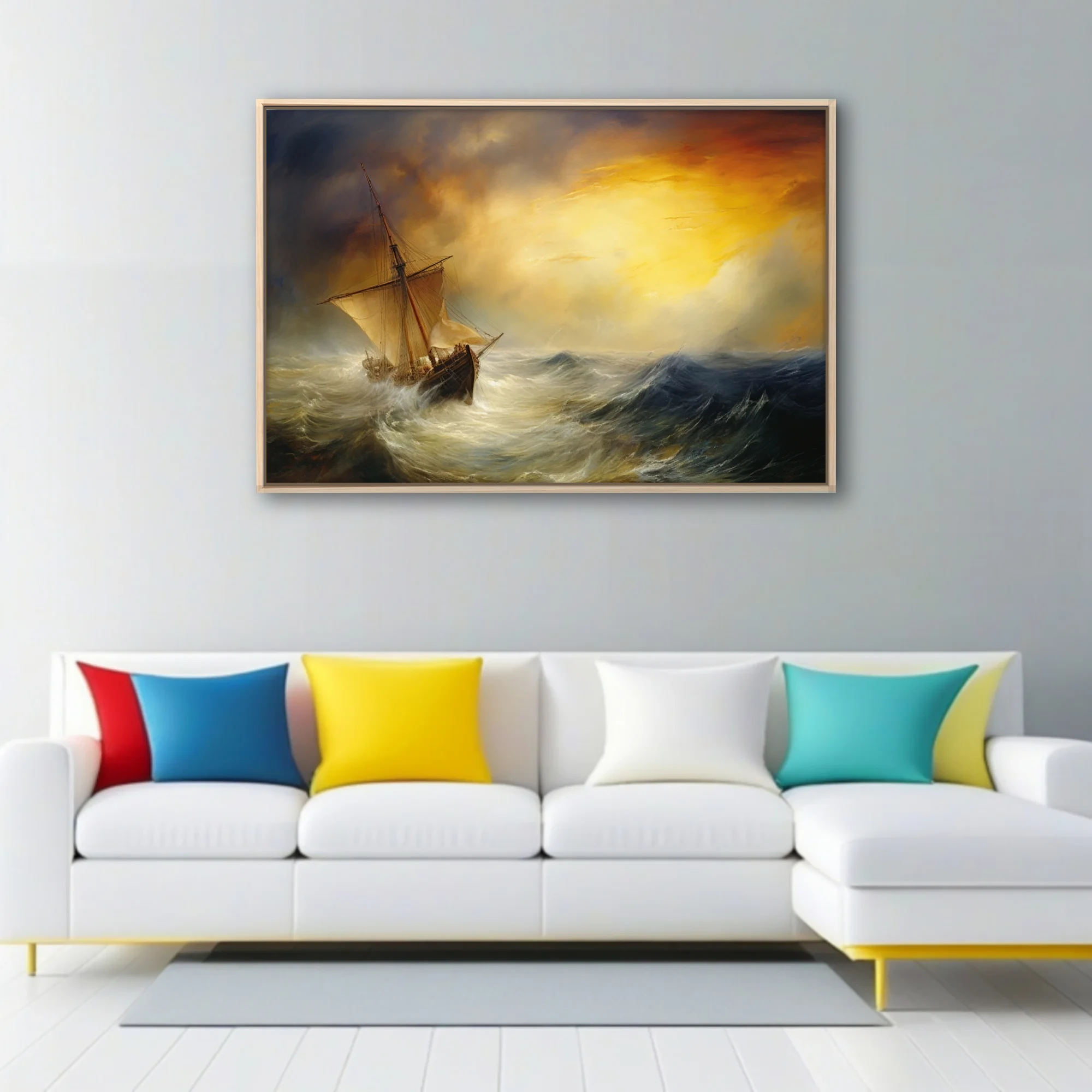 Stormy seascape with tall sailing ship and dramatic golden storm-break sky