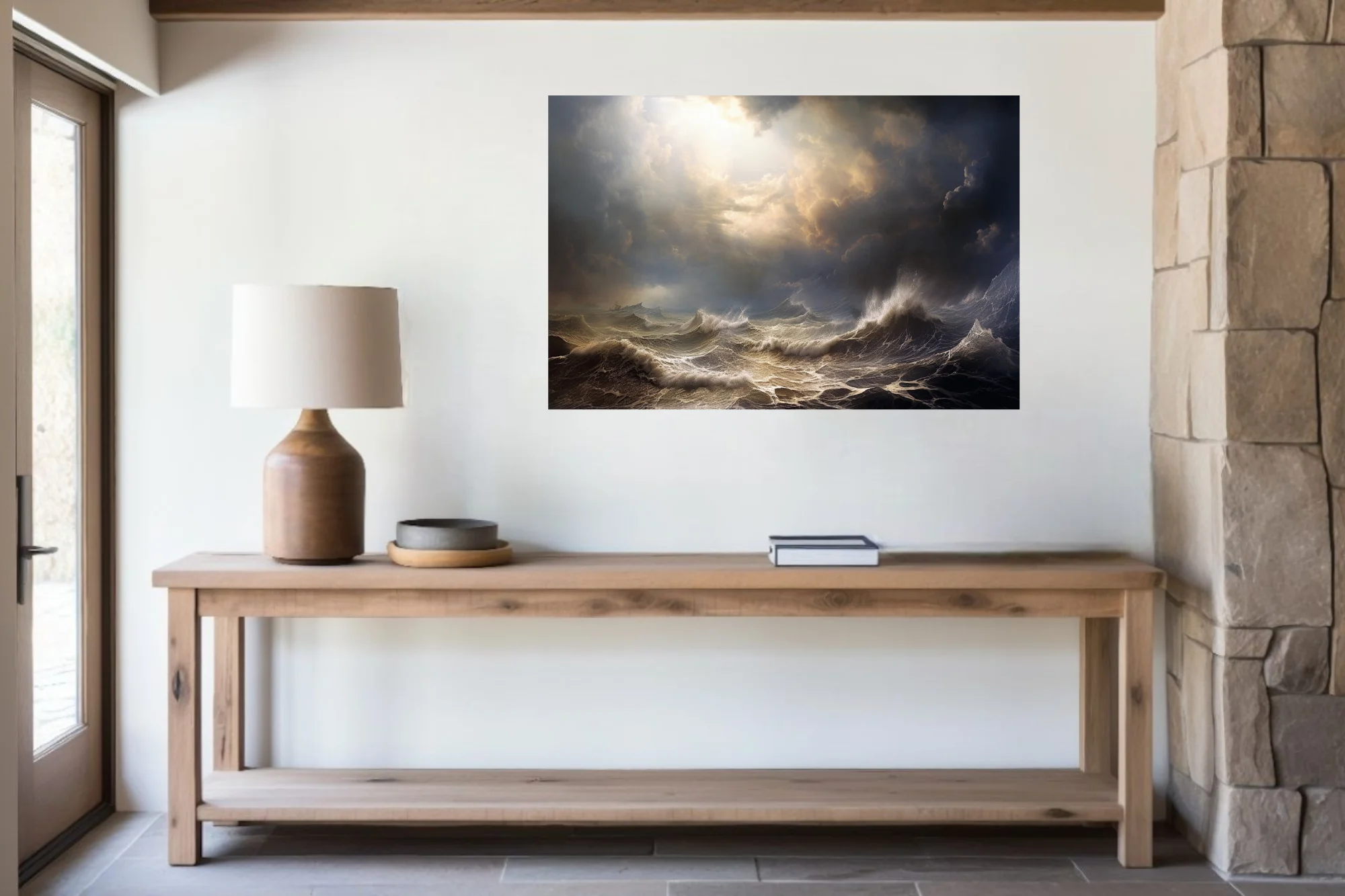 Cinematic stormy seascape with dramatic light breaking through dark storm clouds