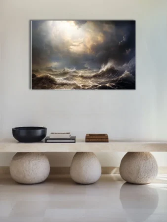 Cinematic stormy seascape with dramatic light breaking through dark storm clouds