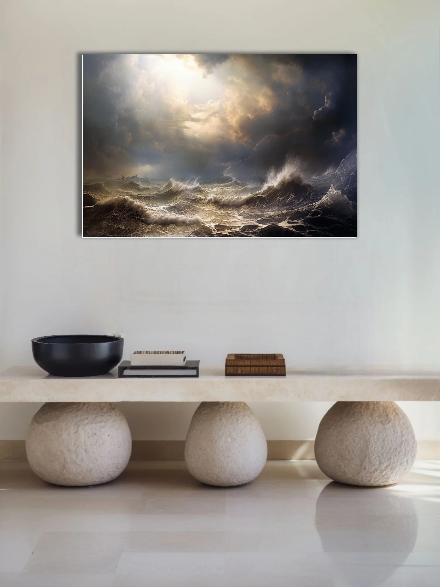 Cinematic stormy seascape with dramatic light breaking through dark storm clouds