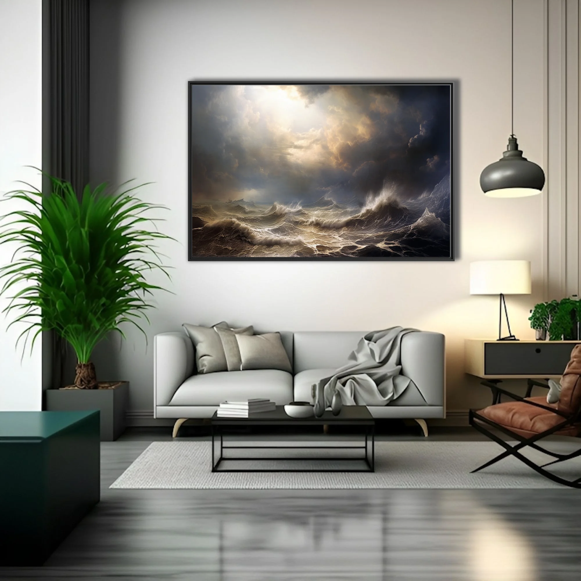 Cinematic stormy seascape with dramatic light breaking through dark storm clouds