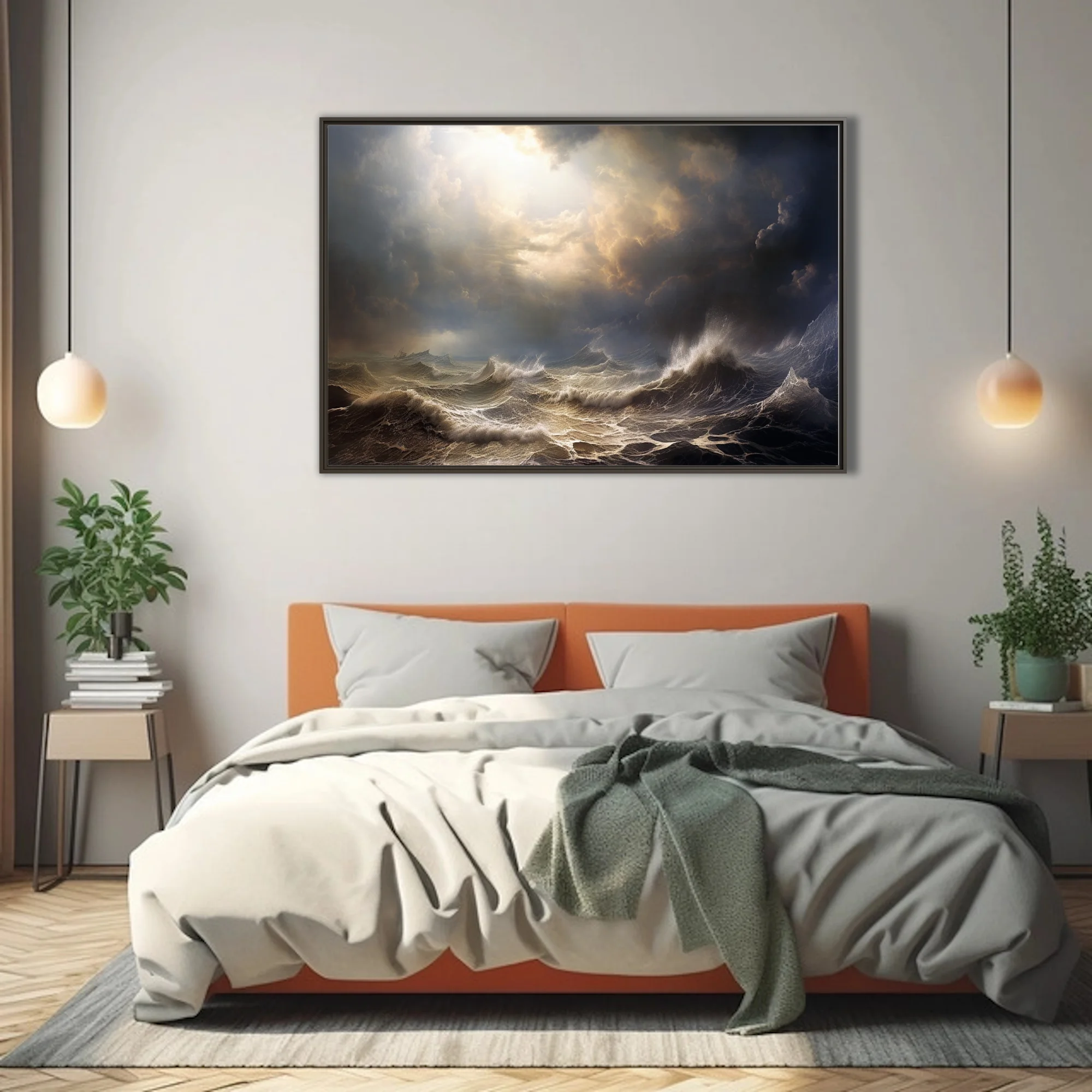 Cinematic stormy seascape with dramatic light breaking through dark storm clouds