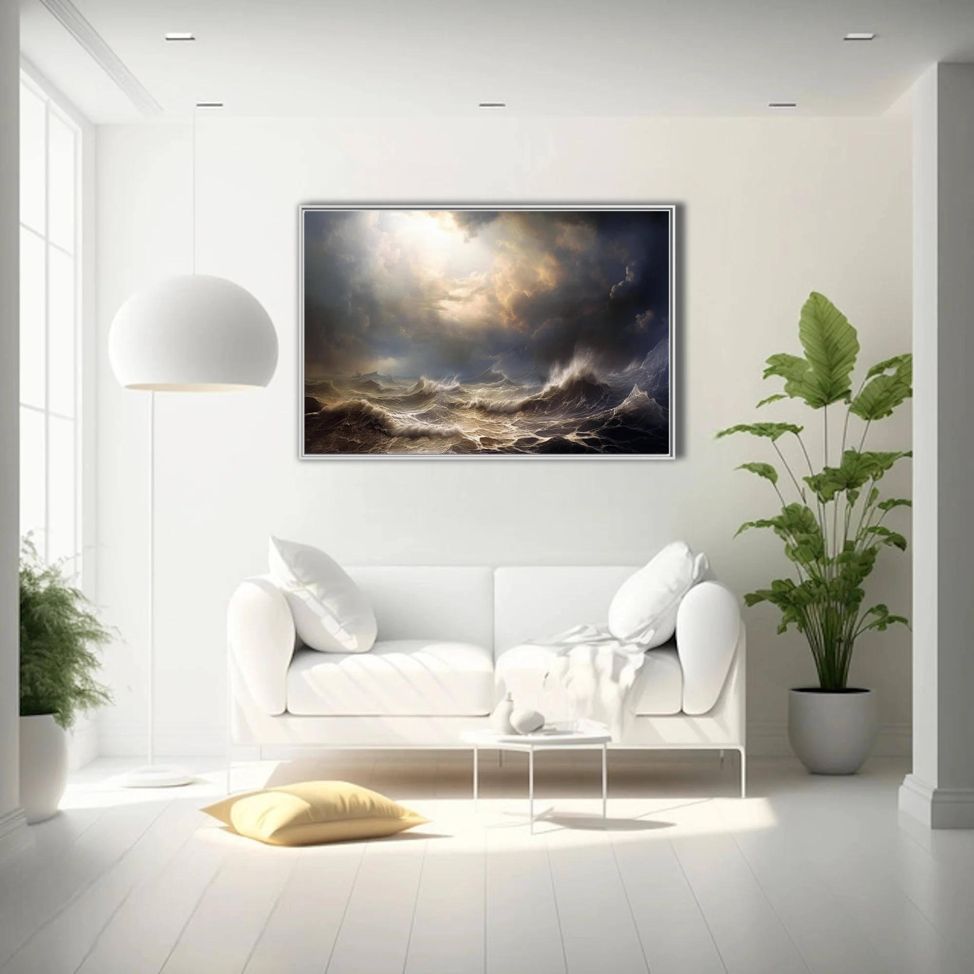 Cinematic stormy seascape with dramatic light breaking through dark storm clouds
