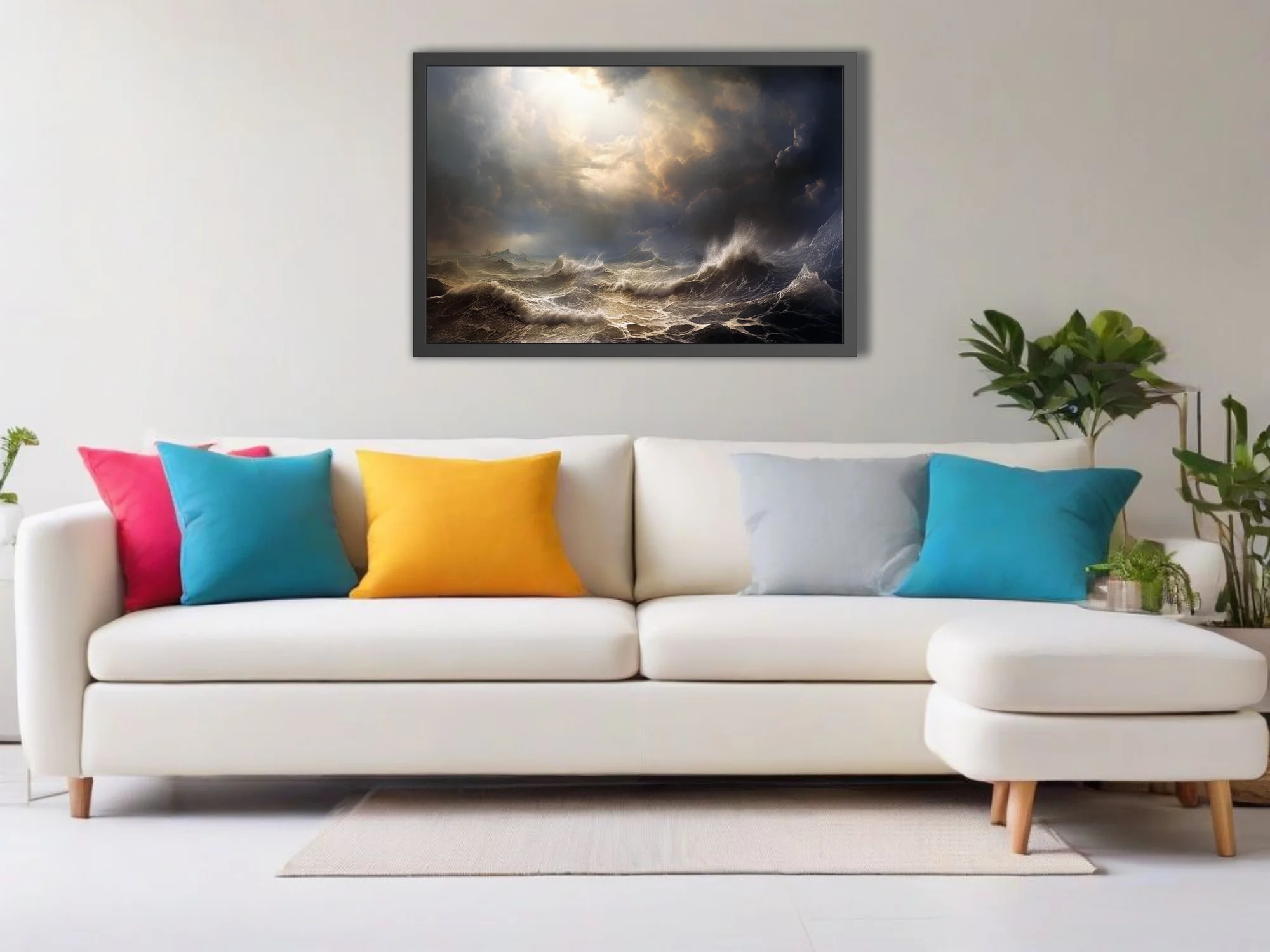 Cinematic stormy seascape with dramatic light breaking through dark storm clouds